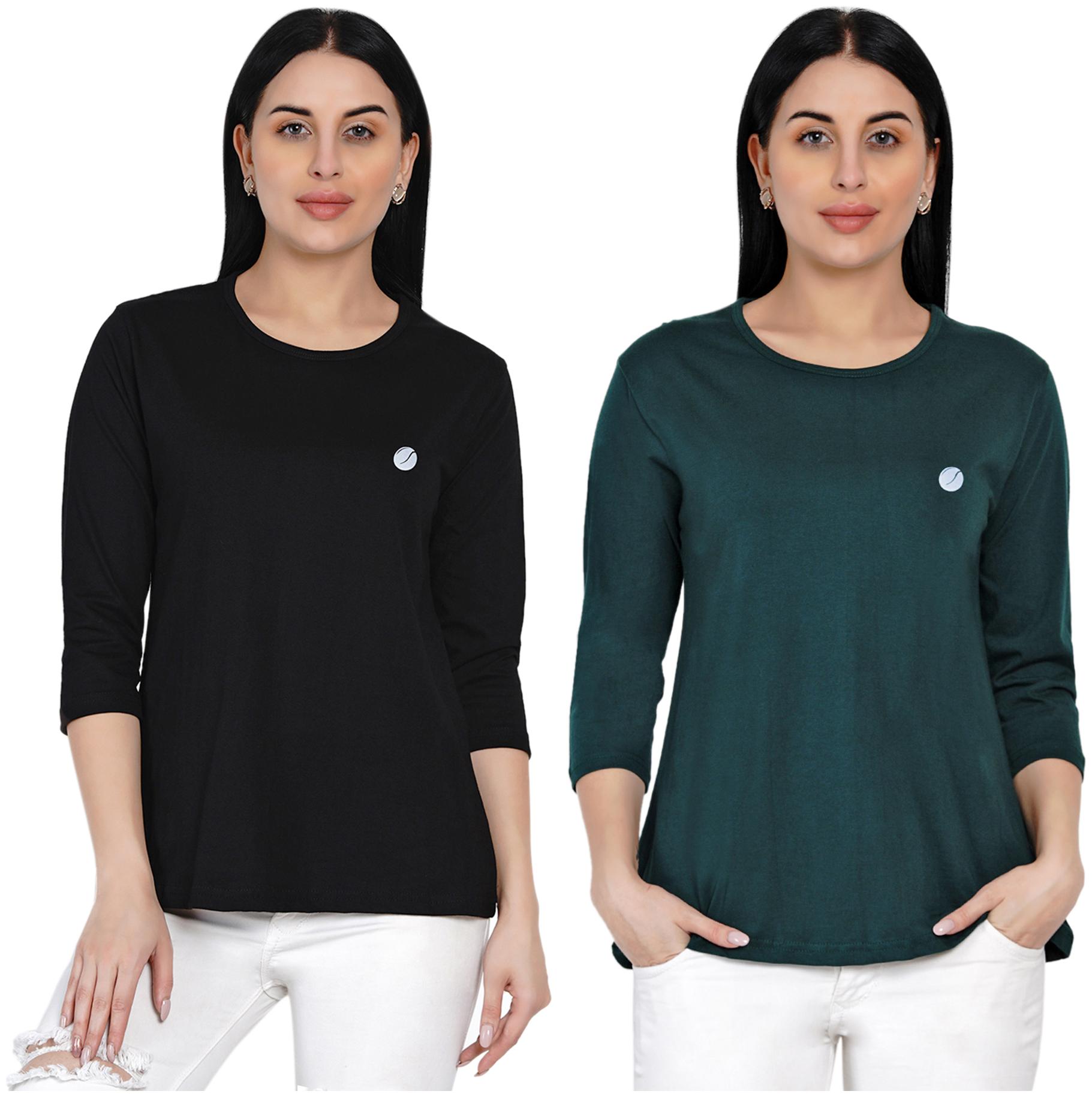 

HASHBEAN Women Black Green Regular fit Round neck Cotton T shirt