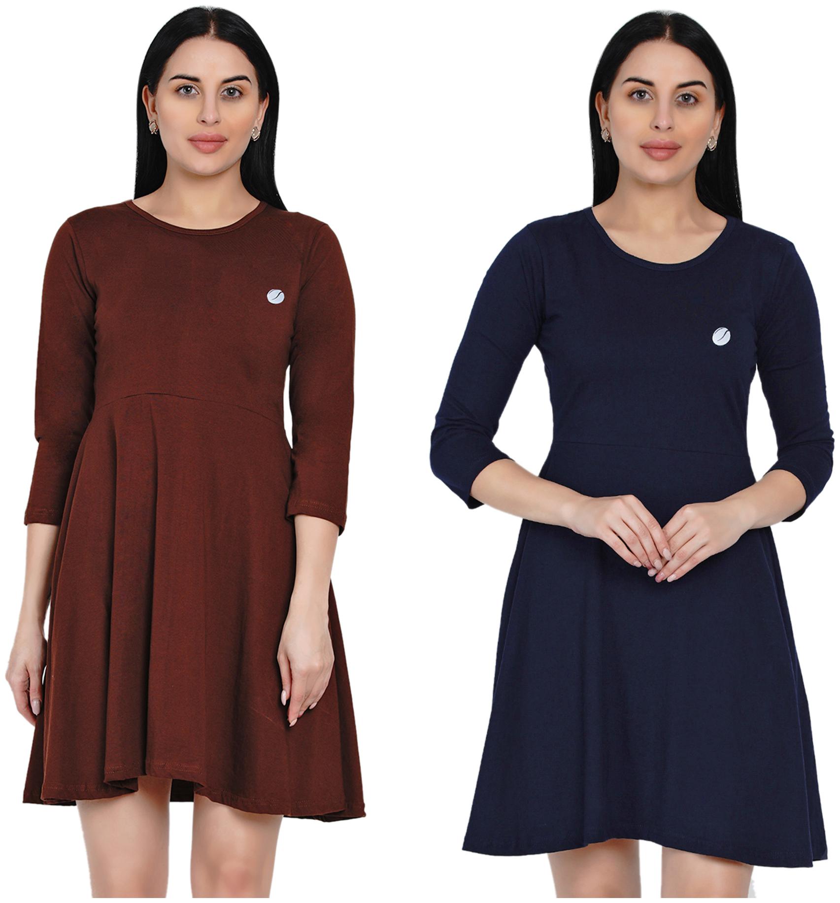 

Women Solid 3 4th Sleeve Cotton Flared Dress (Pack of 2)