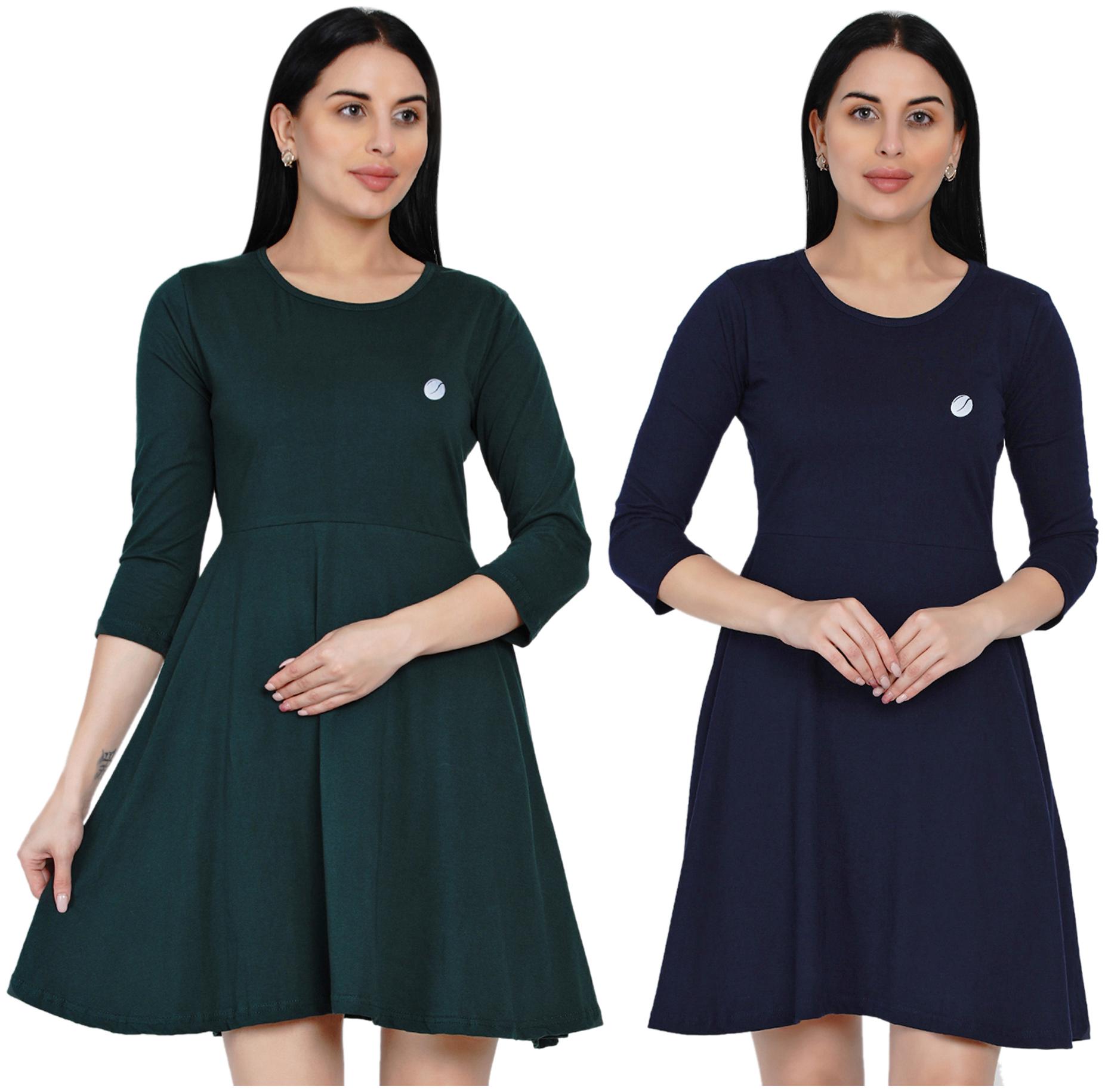 

Women Solid 3 4th Sleeve Cotton Flared Dress (Pack of 2)