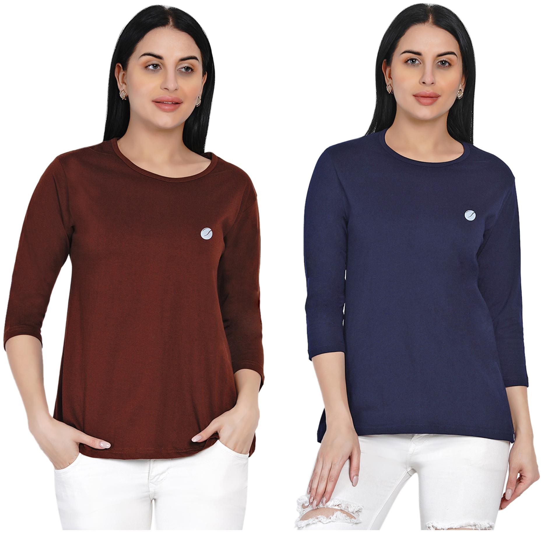 

Women Solid Round Neck 3 4th Sleeve Cotton Tshirt (Pack of 2)