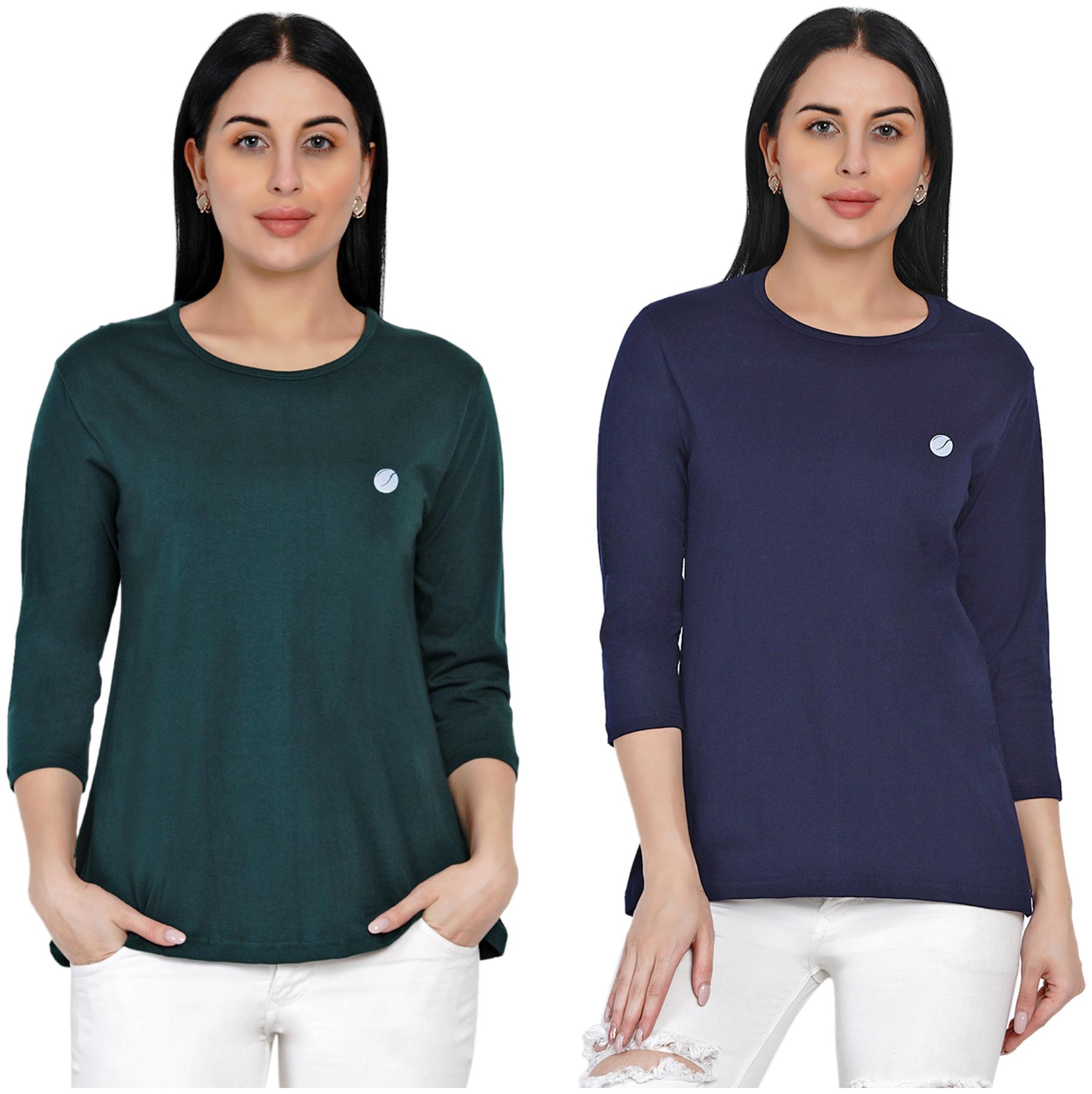 

Women Solid Round Neck 3 4th Sleeve Cotton Tshirt (Pack of 2)