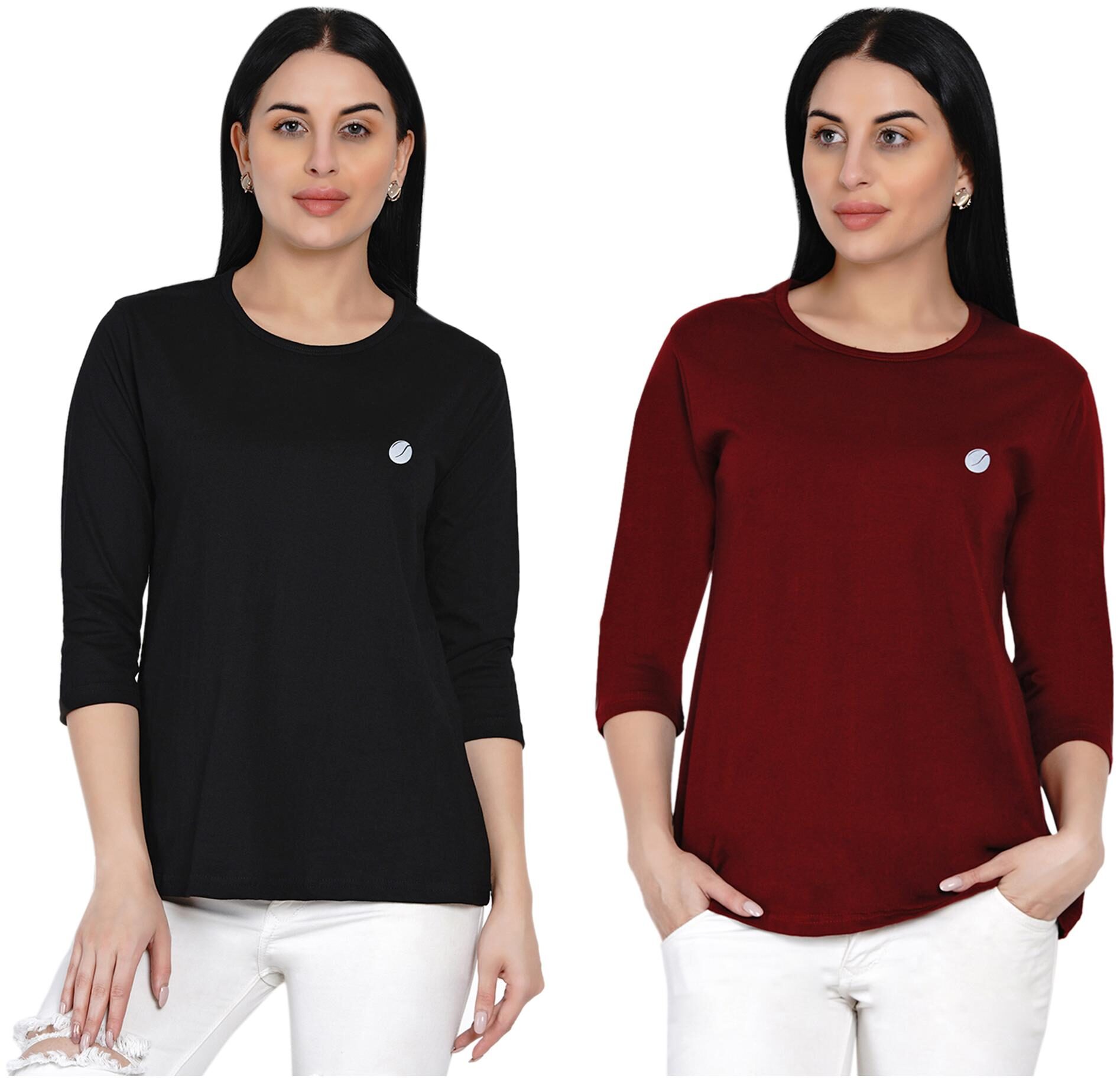 

HASHBEAN Women Black Maroon Regular fit Round neck Cotton T shirt