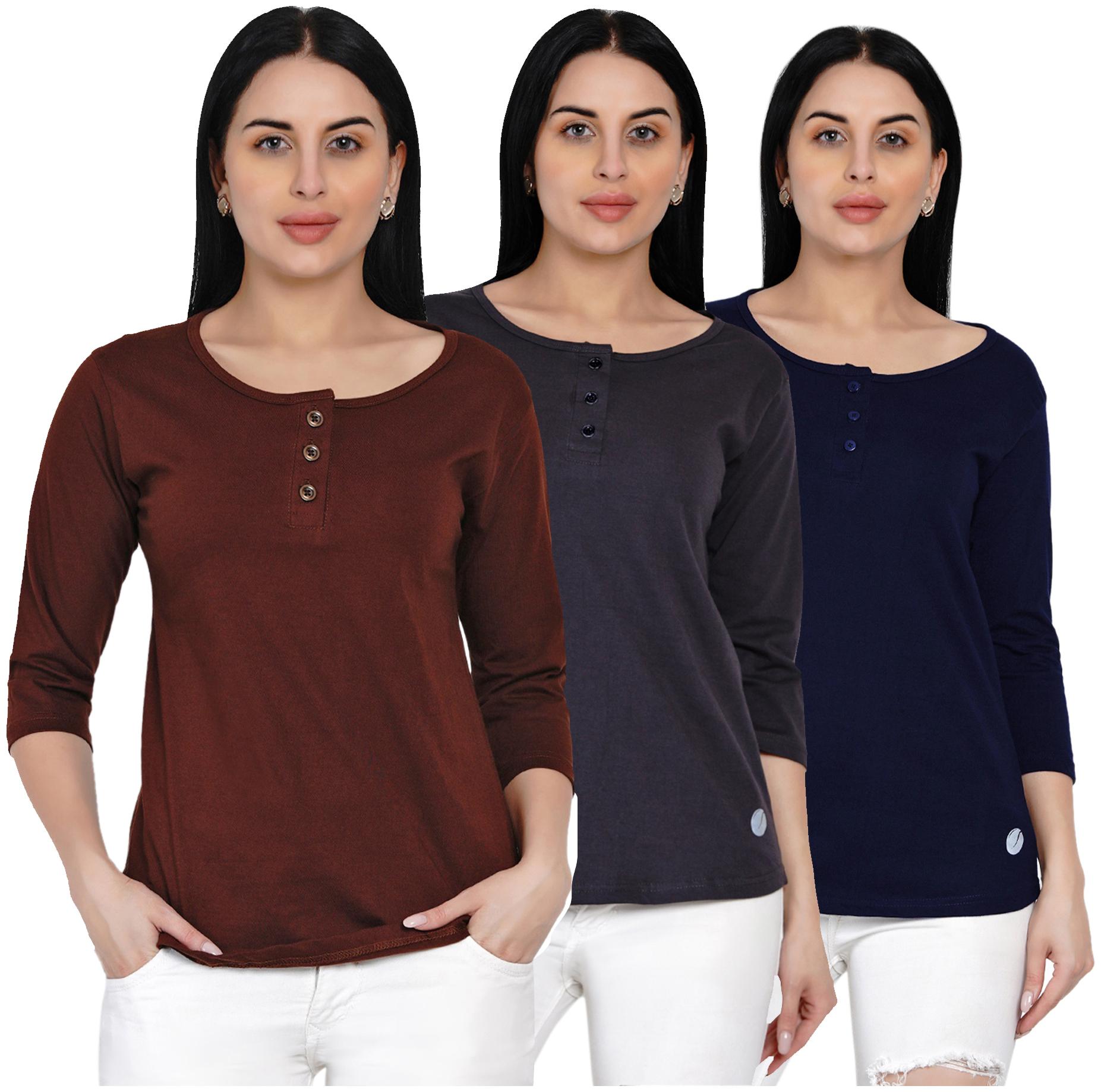 

HASHBEAN Women Multi Regular fit Henley neck Cotton T shirt