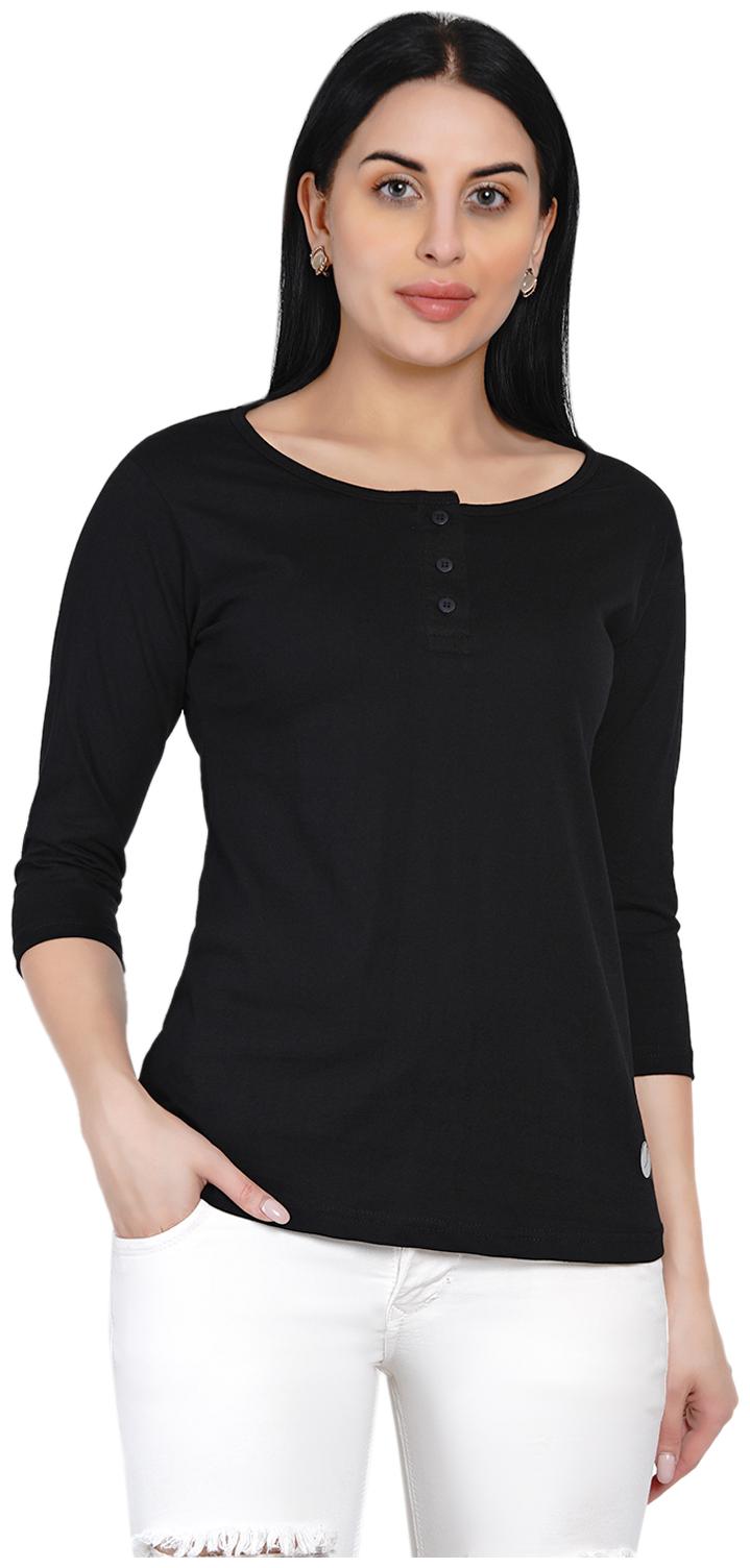 

HASHBEAN Women Black Regular fit Henley neck Cotton T shirt