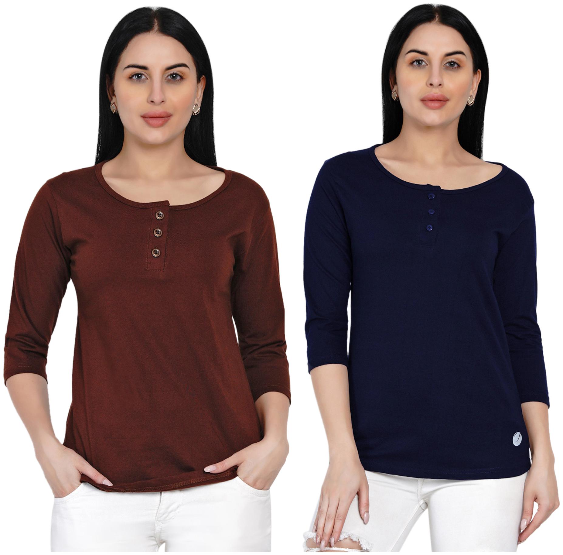

Women Solid Half Sleeve Cotton Henley Tshirt (Pack of 2)