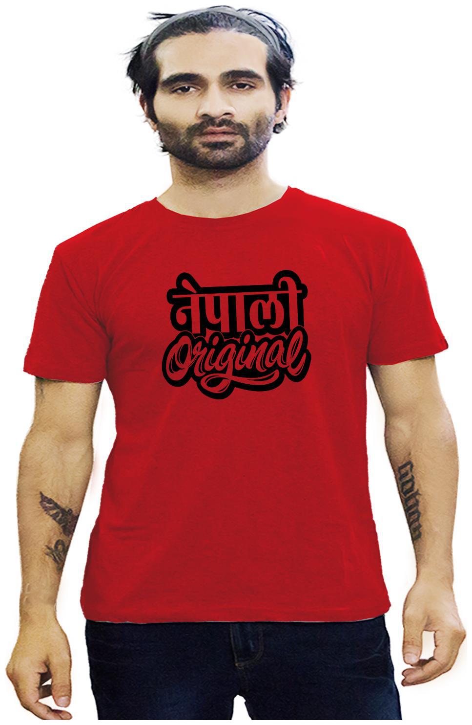

HEYUZE 100 Cotton Half Sleeve Male Men Round Neck Red T Shirt with Nepali Original Quote Design
