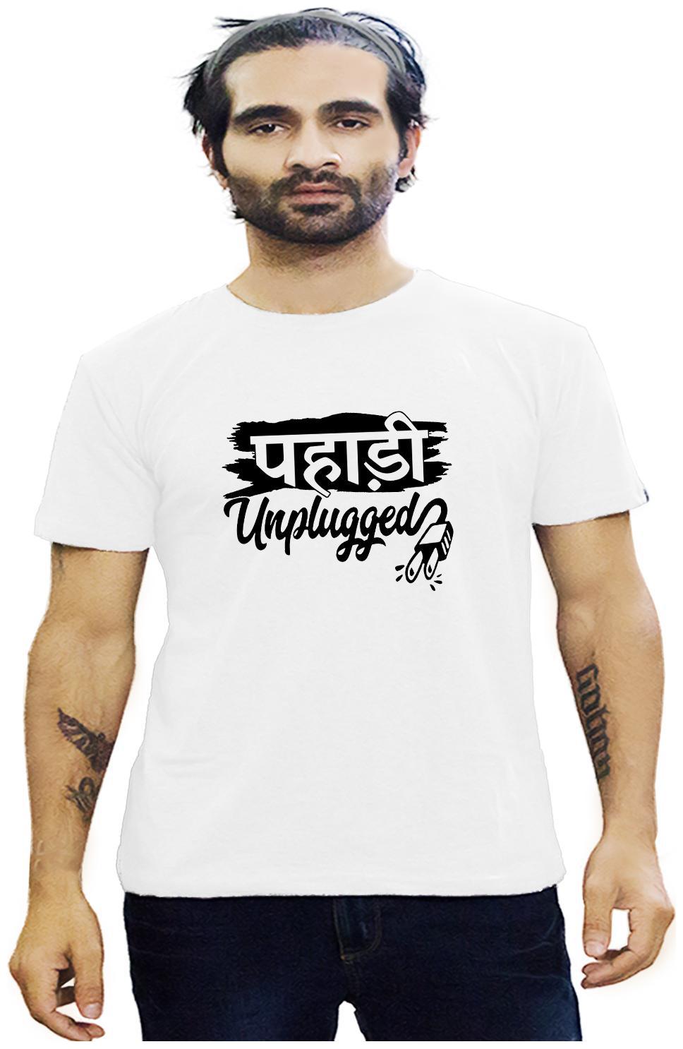 

HEYUZE Cotton Half Sleeve Male Men Round Neck Printed White T Shirt with Pahari Unplugged Quote
