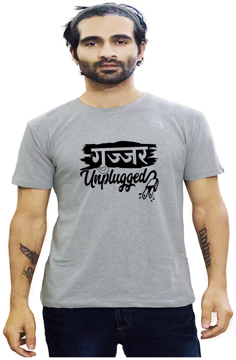 

HEYUZE Cotton Half Sleeve Male Men Round Neck Printed Grey T Shirt with Gujjar Unplugged Quote
