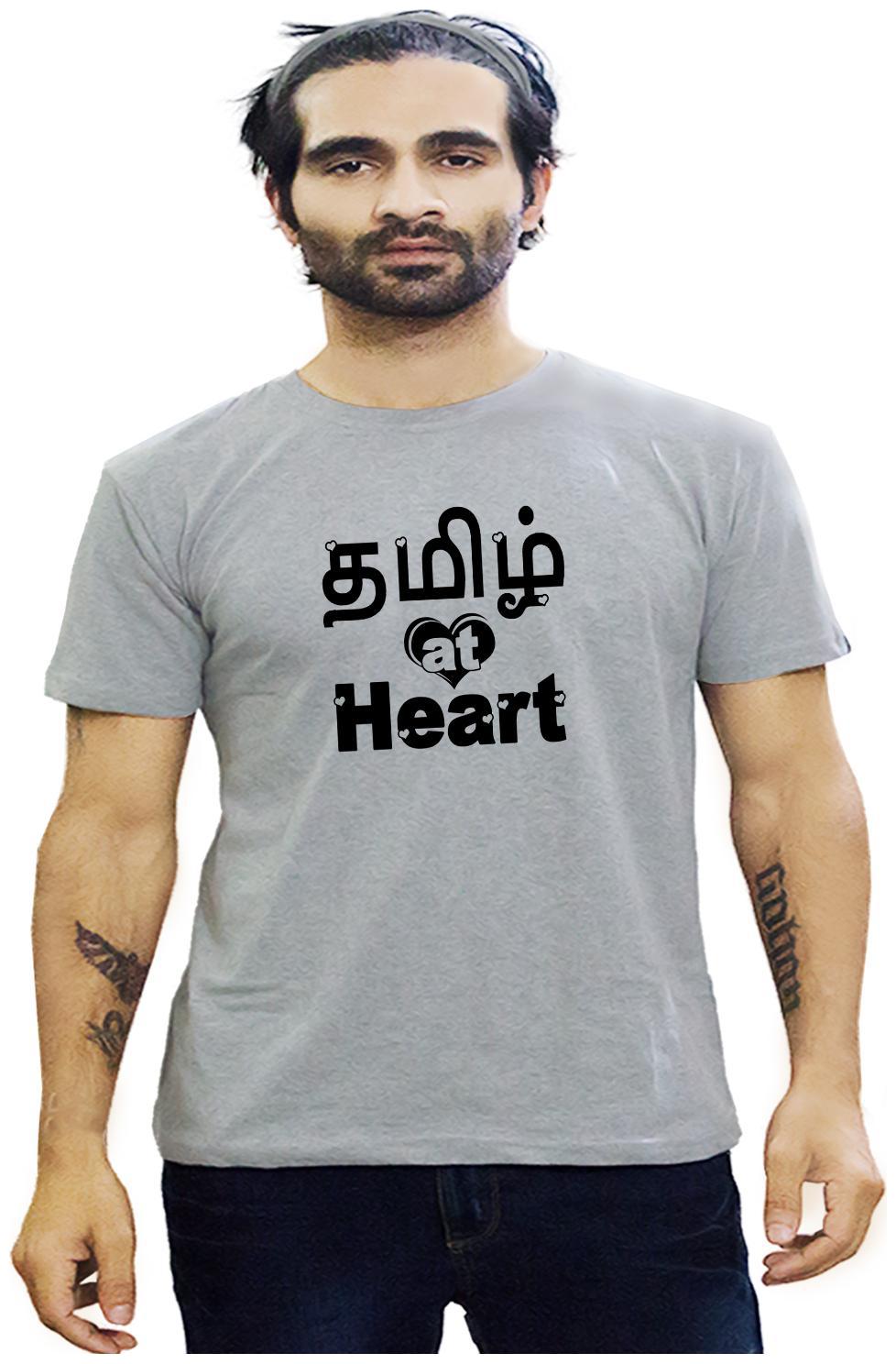 

HEYUZE Cotton Half Sleeve Male Men Round Neck Printed Grey T Shirt with Tamil At Heart Quote