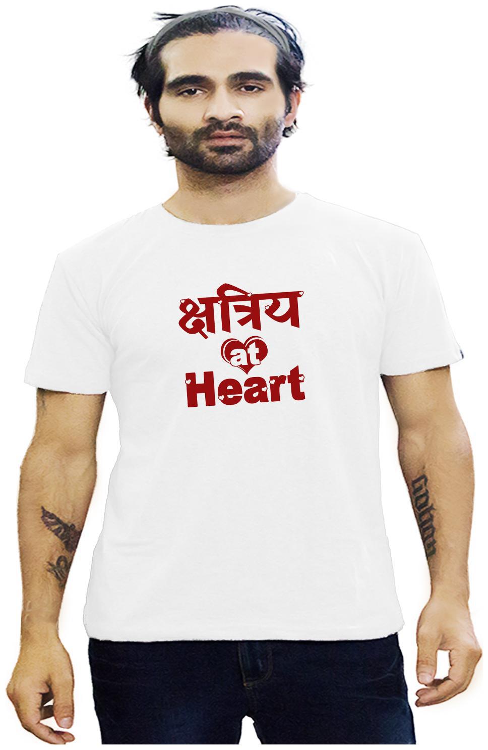 

HEYUZE Cotton Half Sleeve Male Men Round Neck Printed White T Shirt with Kshatriya At Heart Quote