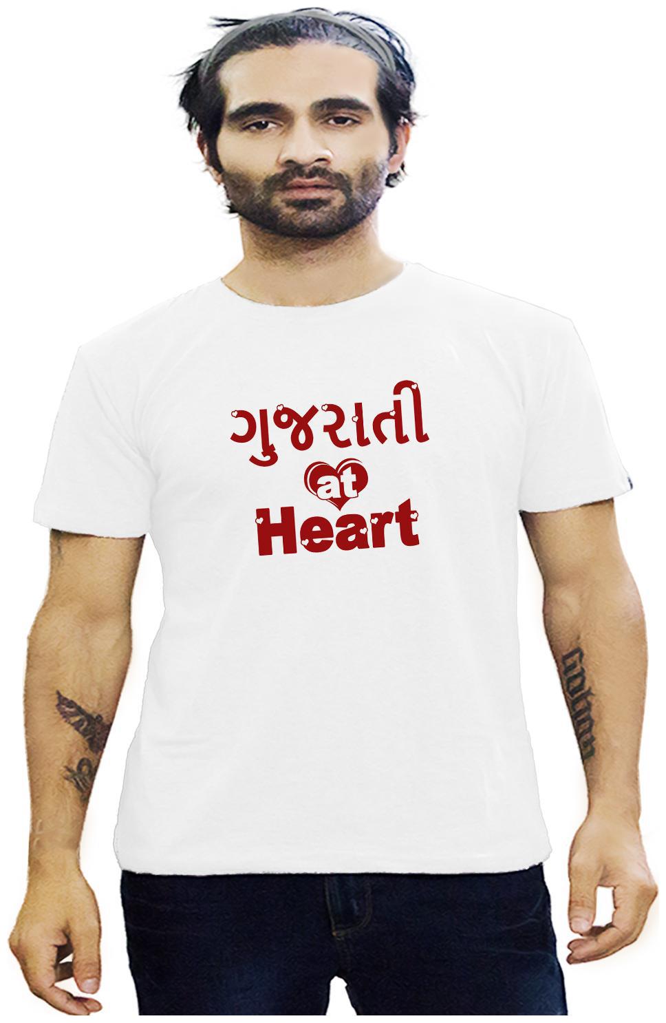 

HEYUZE Cotton Half Sleeve Male Men Round Neck Printed White T Shirt with Gujrati At Heart Quote