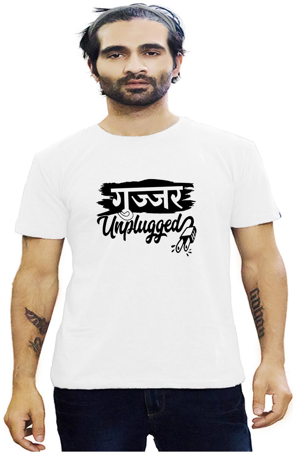 

HEYUZE Cotton Half Sleeve Male Men Round Neck Printed White T Shirt with Gujjar Unplugged Quote