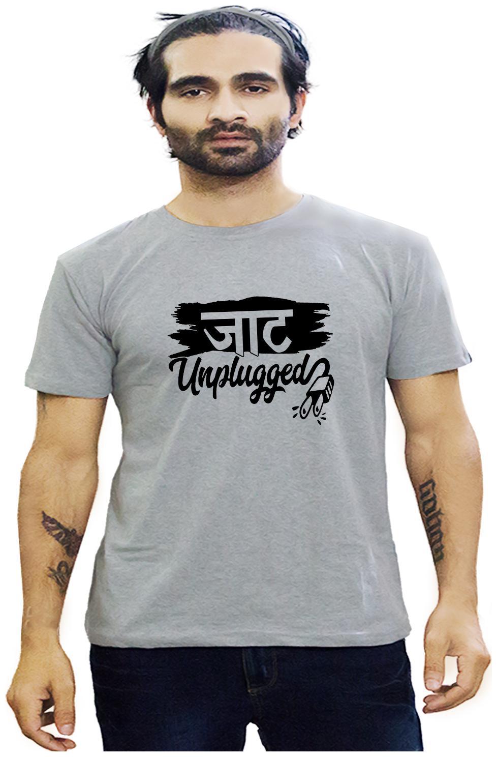 

HEYUZE Cotton Half Sleeve Male Men Round Neck Printed Grey T Shirt with Jaat Unplugged Quote