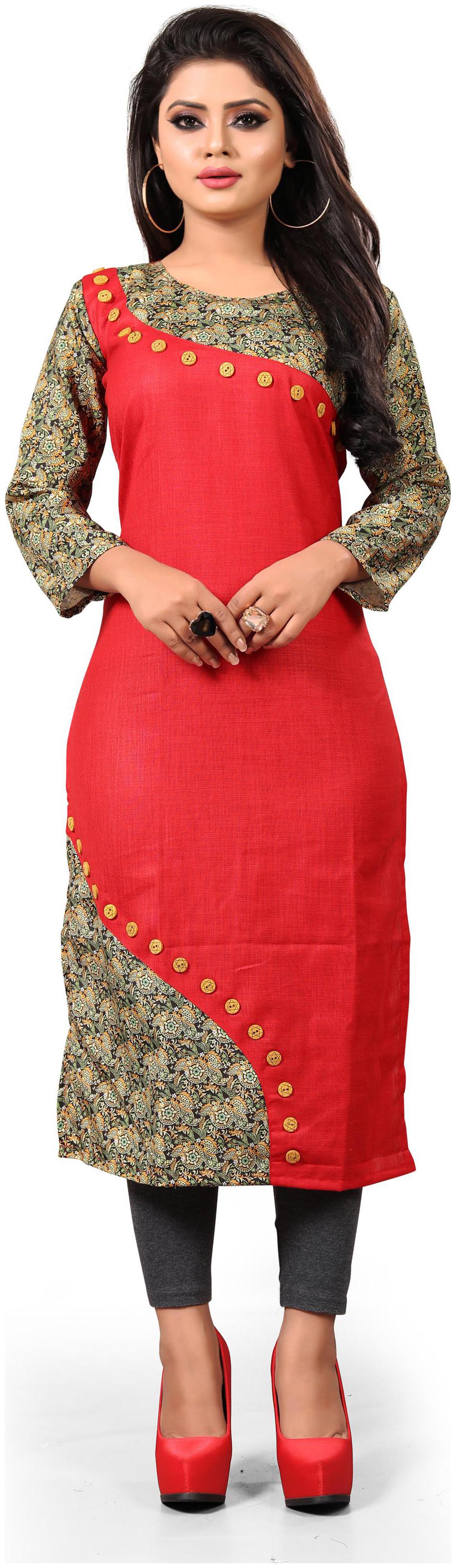 

HF Holyday Fashion Party Wear Digital Printed Ready Made Cotton A-Line 3 4 Sleeves Kurtis For Women Red