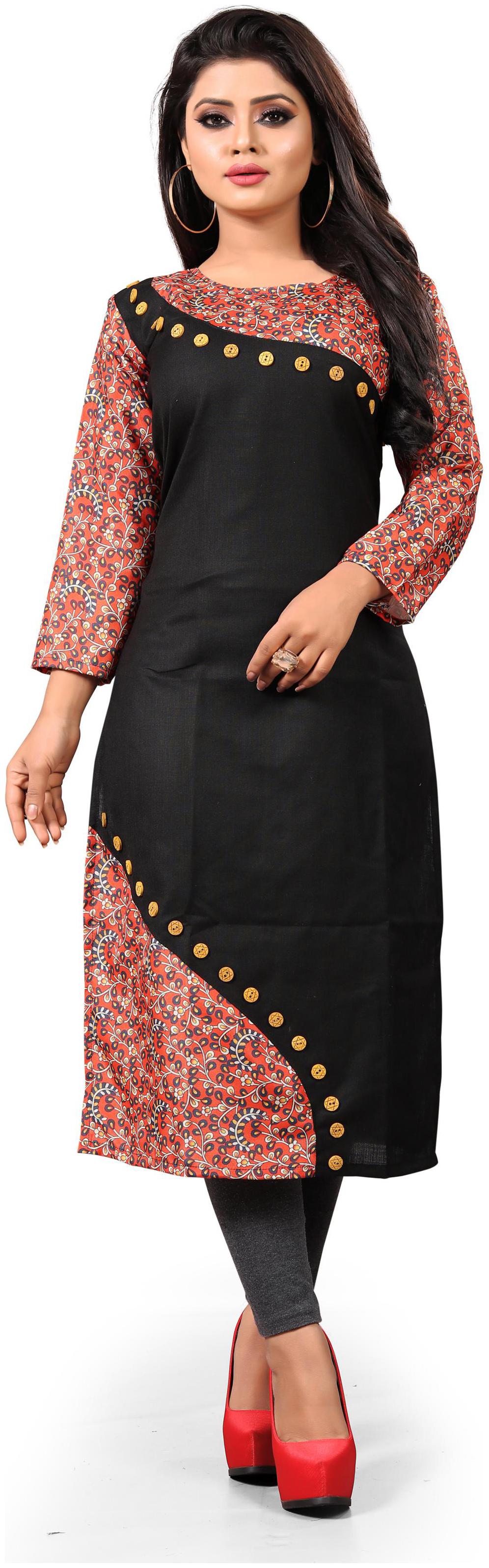 

HF Holyday Fashion Party Wear Digital Printed Ready Made Cotton A-Line 3 4 Sleeves Kurtis For Women Black