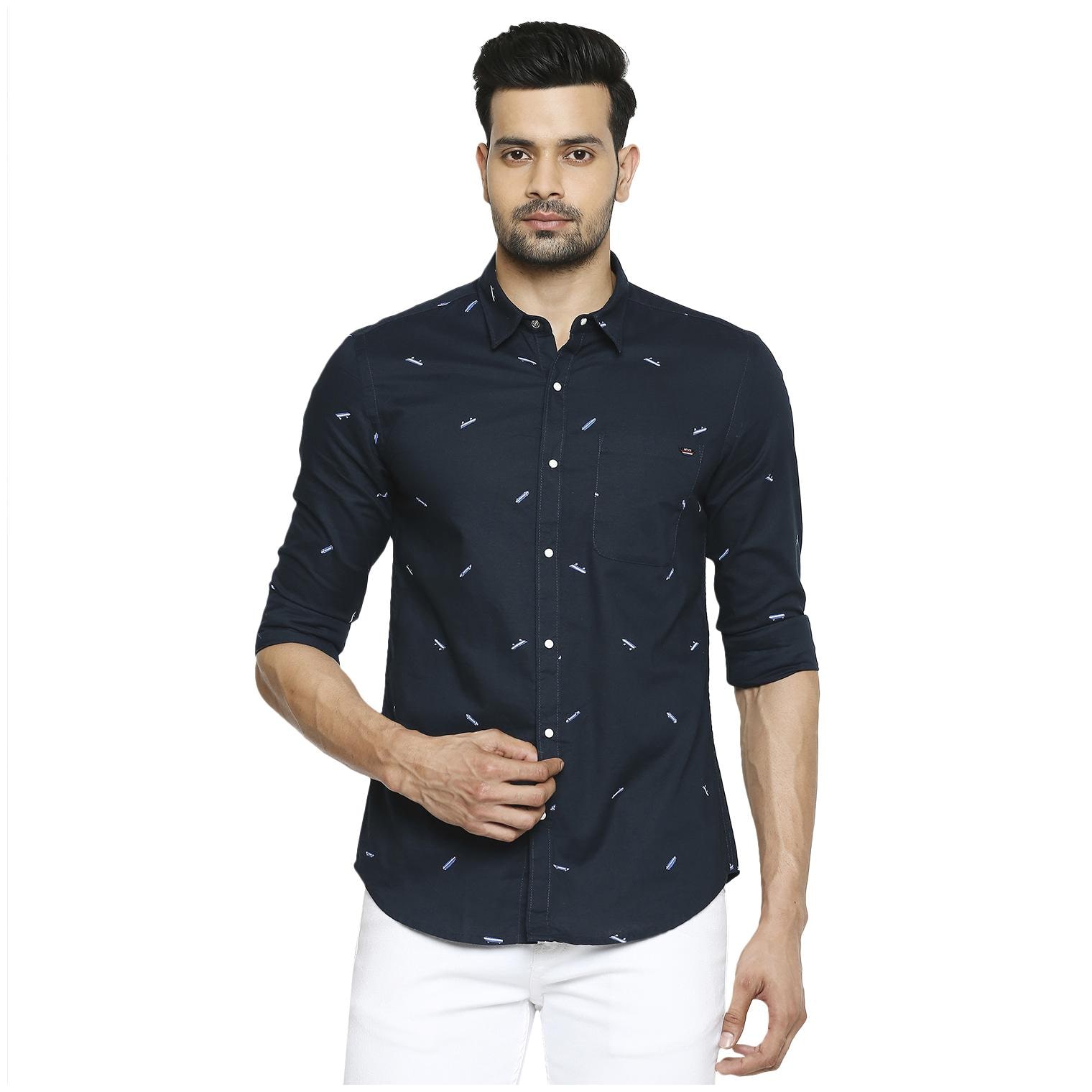 

HFN S Men Navy Blue Printed Slim Fit Casual Shirt