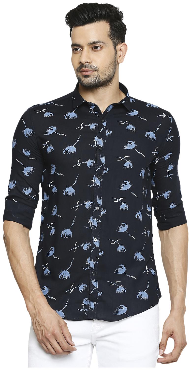 

HFN S Men Navy Blue Printed Slim Fit Casual Shirt