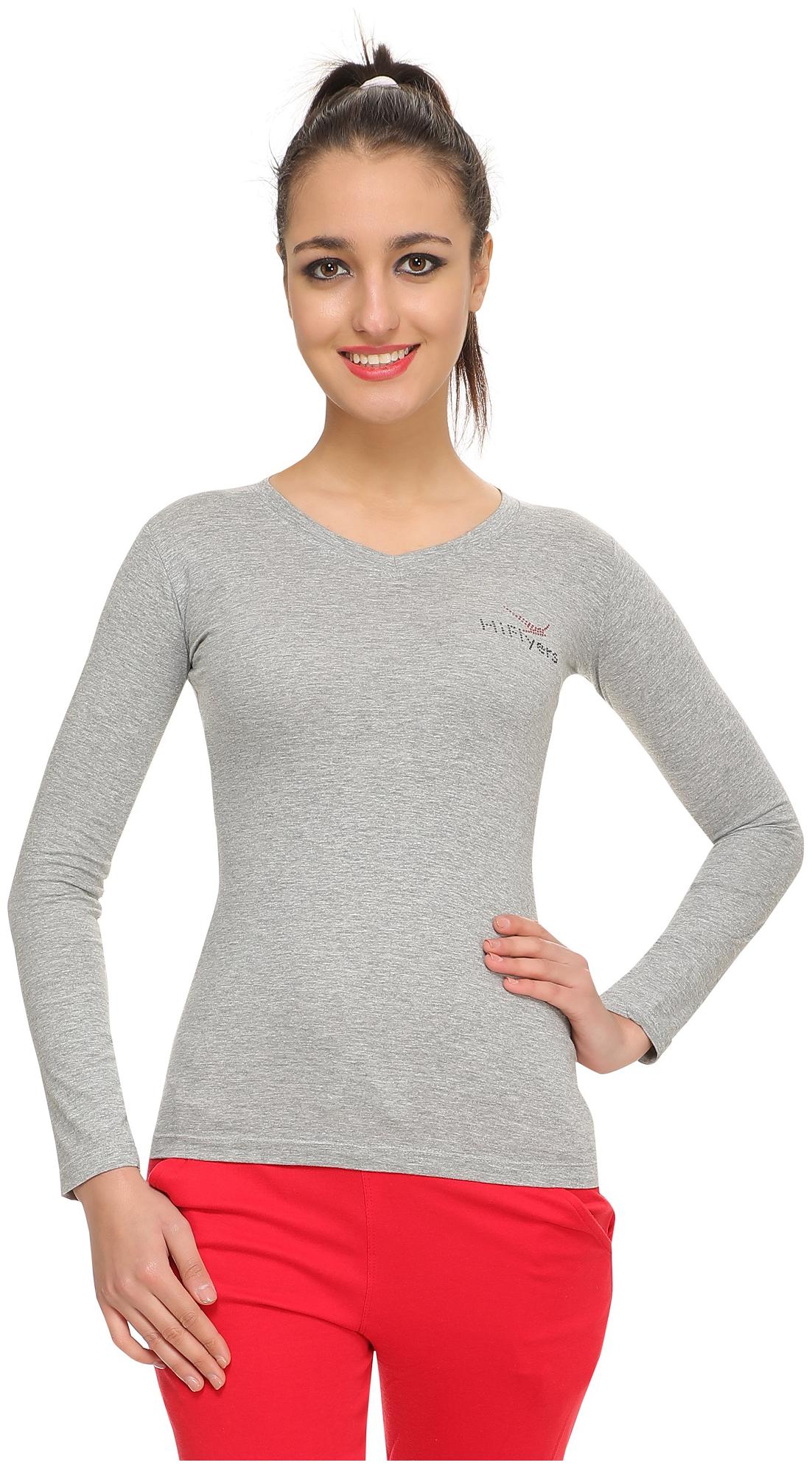 

HiFlyers Women Grey Slim fit V neck Blended T shirt