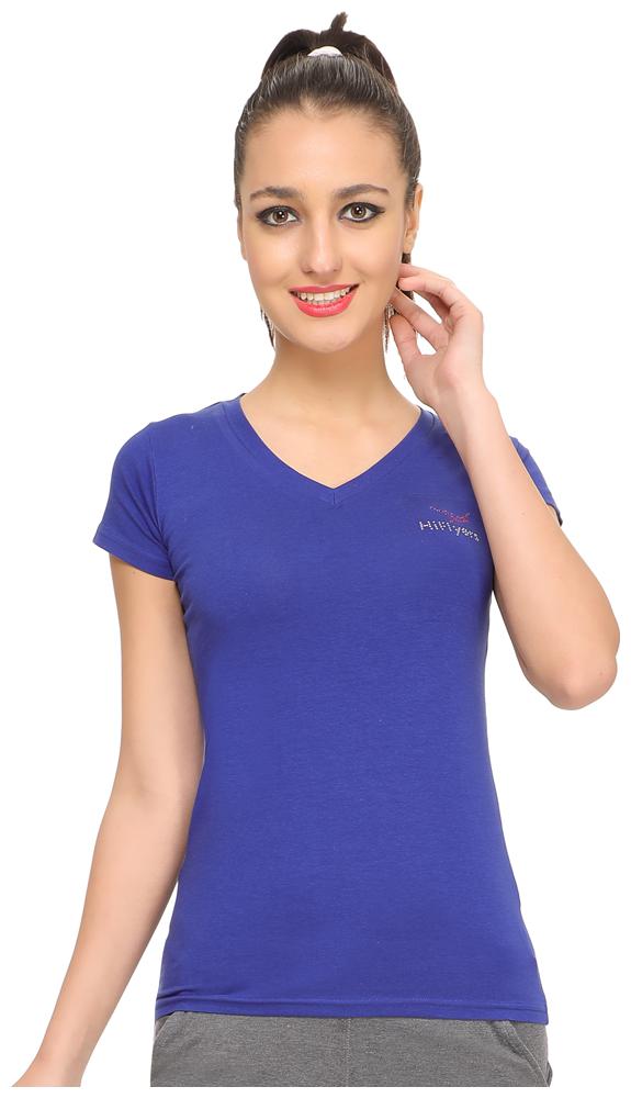 

HiFlyers Women Blue Slim fit V neck Cotton T shirt