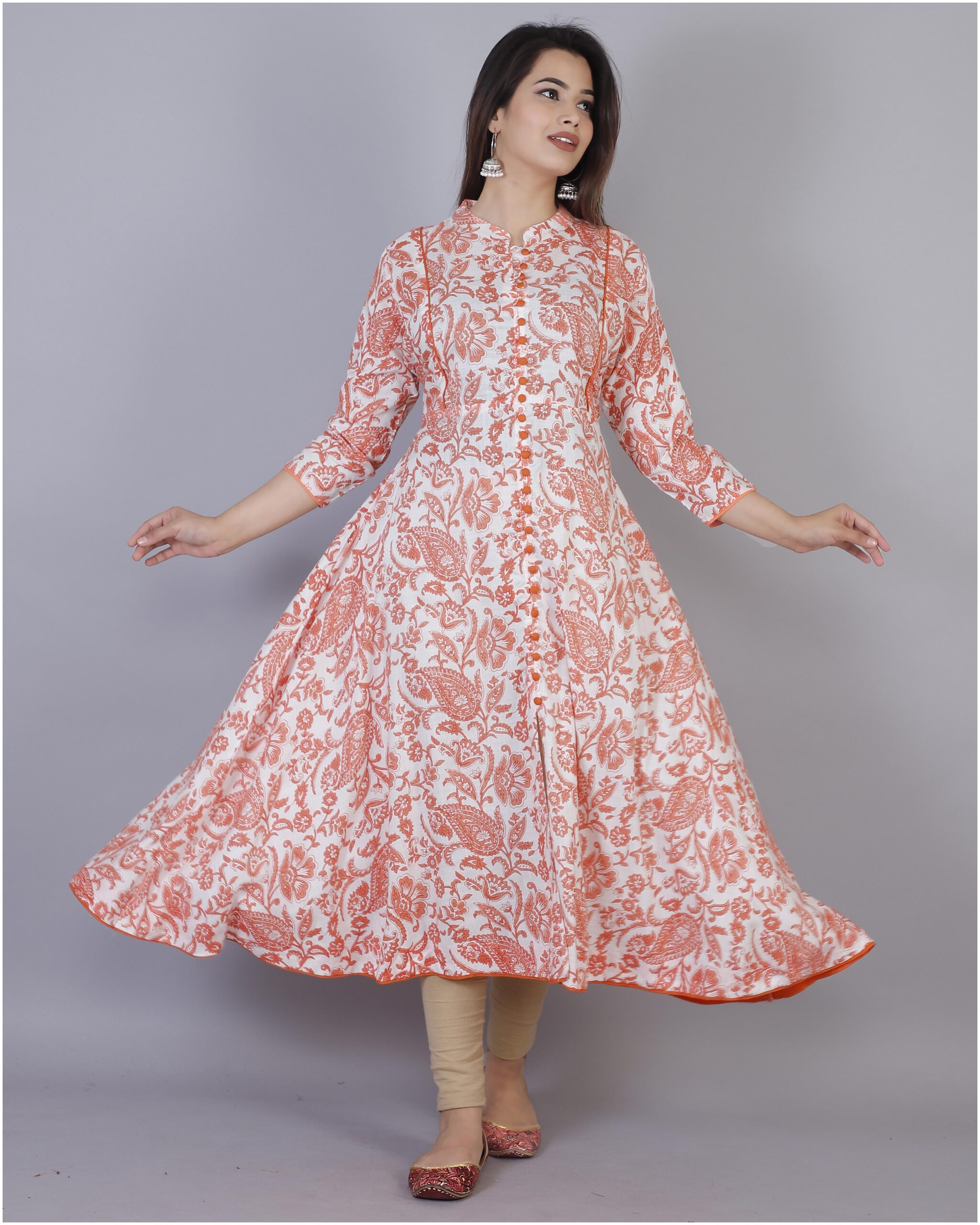 

HIGHLIGHT FASHION EXPORT Women Orange Floral Anarkali Kurta