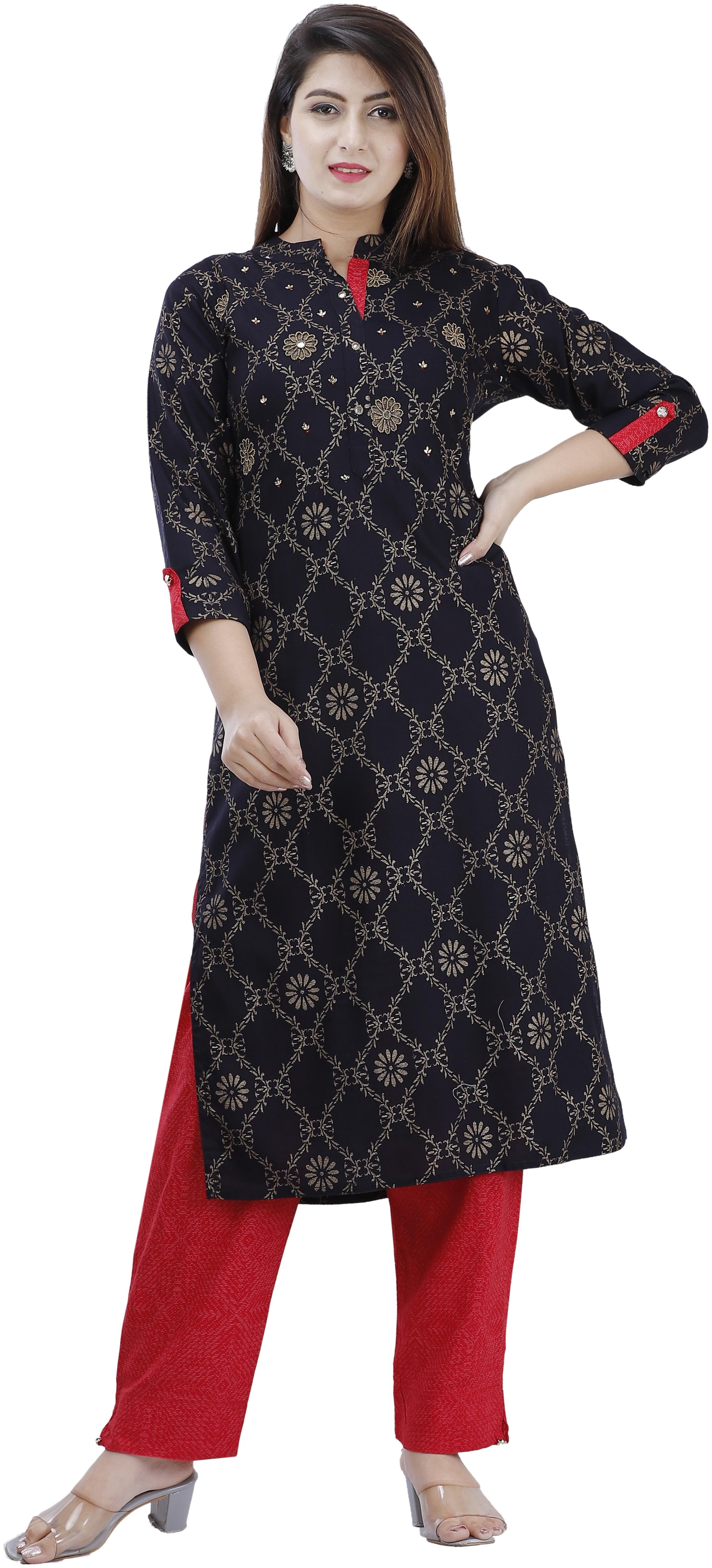 

HIGHLIGHT FASHION EXPORT Women Navy Blue Printed Straight Kurta With Pants
