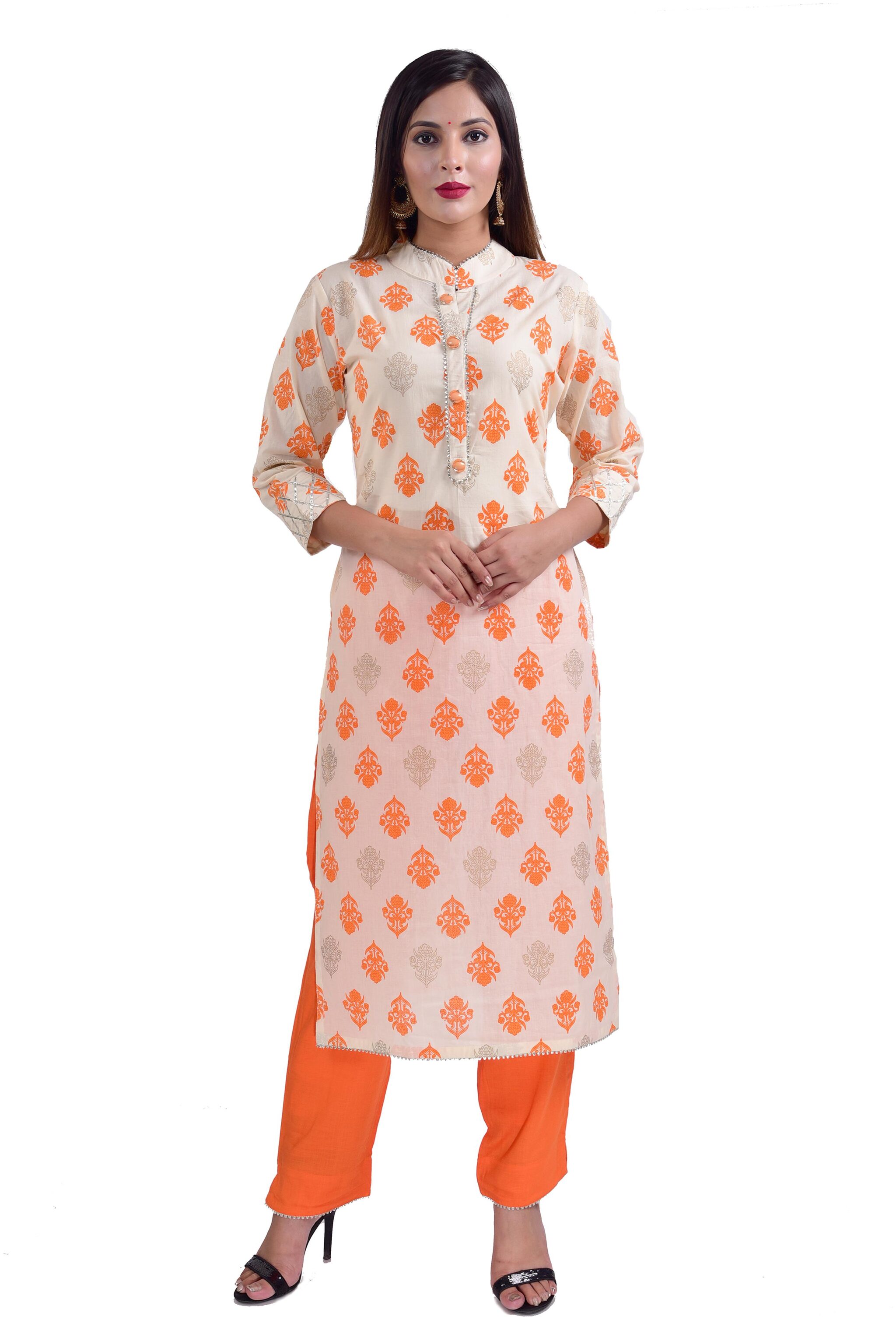 

HIGHLIGHT FASHION EXPORT Women Orange Floral Straight Kurta With Pants