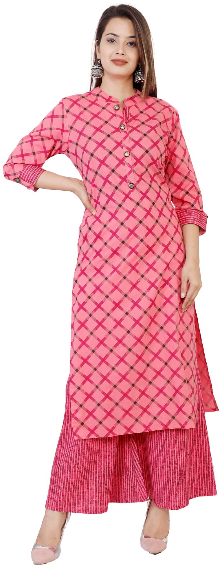 

Highlight Fashion Export Cotton Checkered Pink Stitched Suit For Women