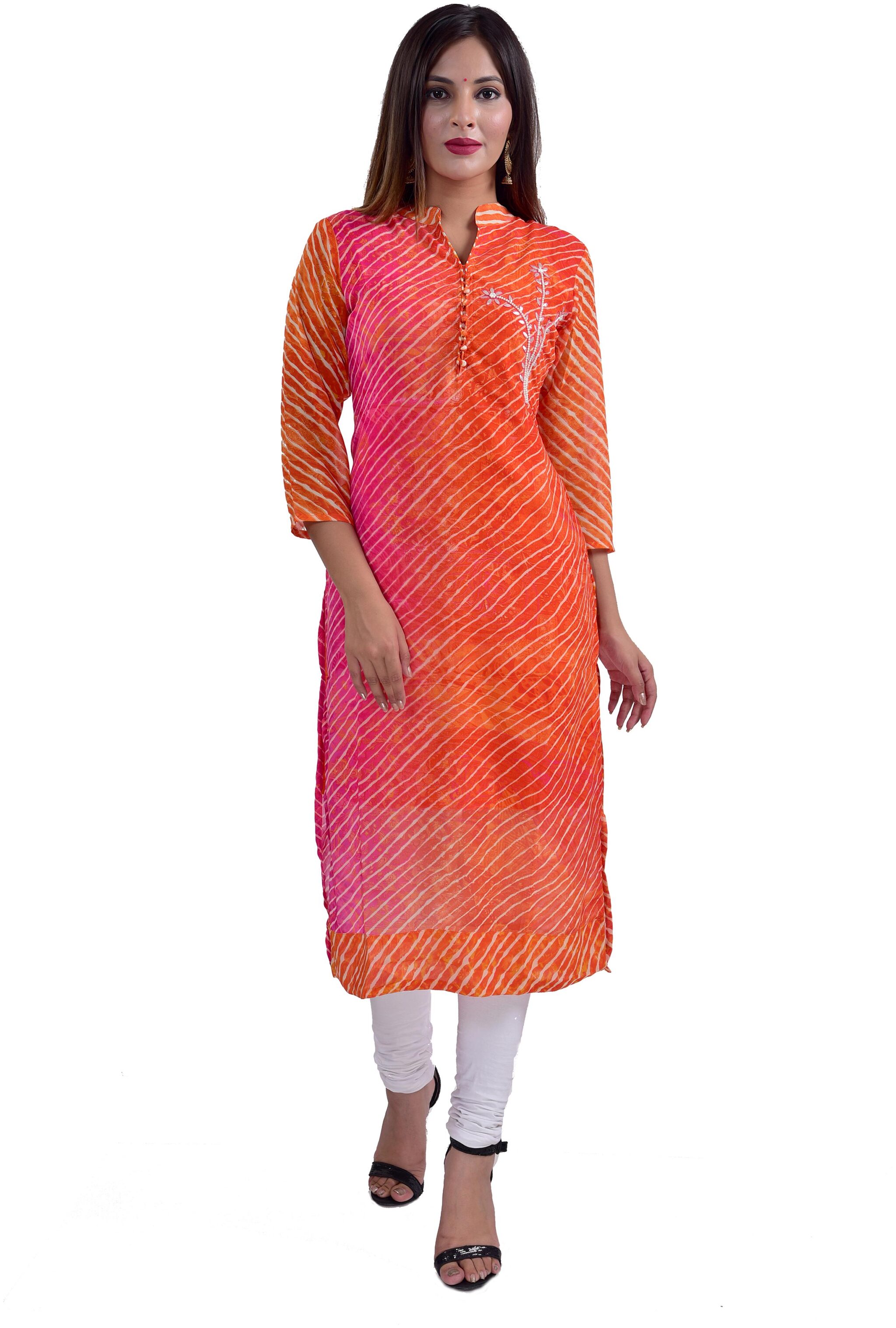 

HIGHLIGHT FASHION EXPORT Women Orange Striped Straight Kurti