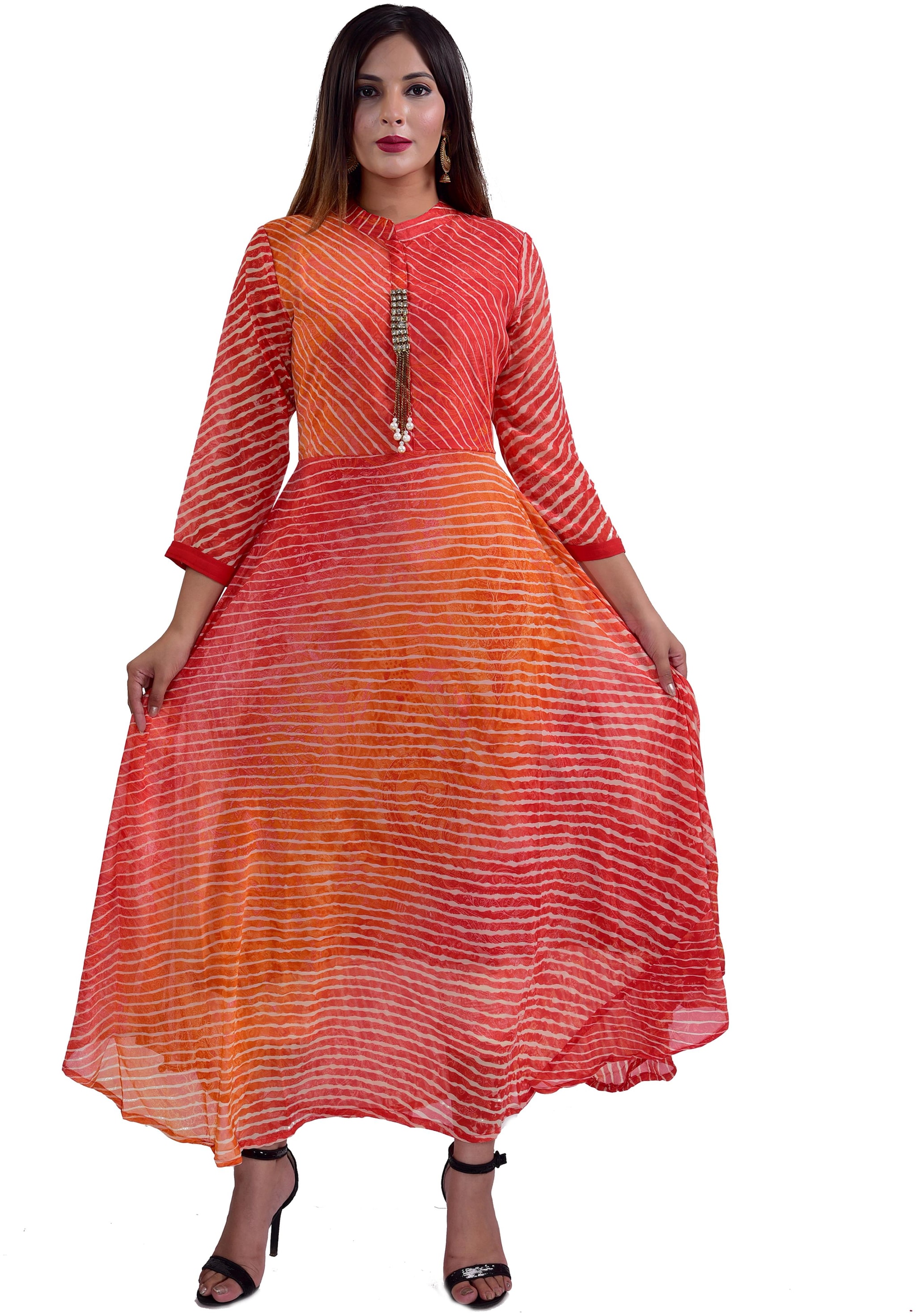 

HIGHLIGHT FASHION EXPORT Women Red Striped Anarkali Kurti