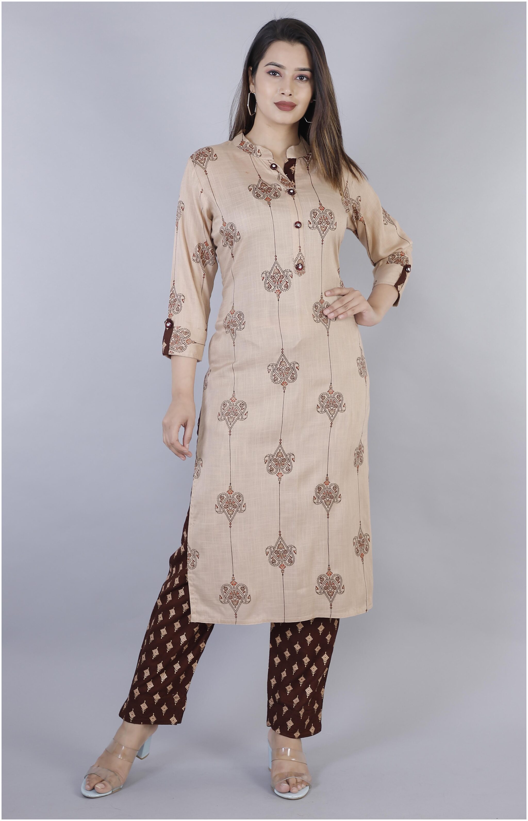 

HIGHLIGHT FASHION EXPORT Women Beige Printed Straight Kurta With Pants