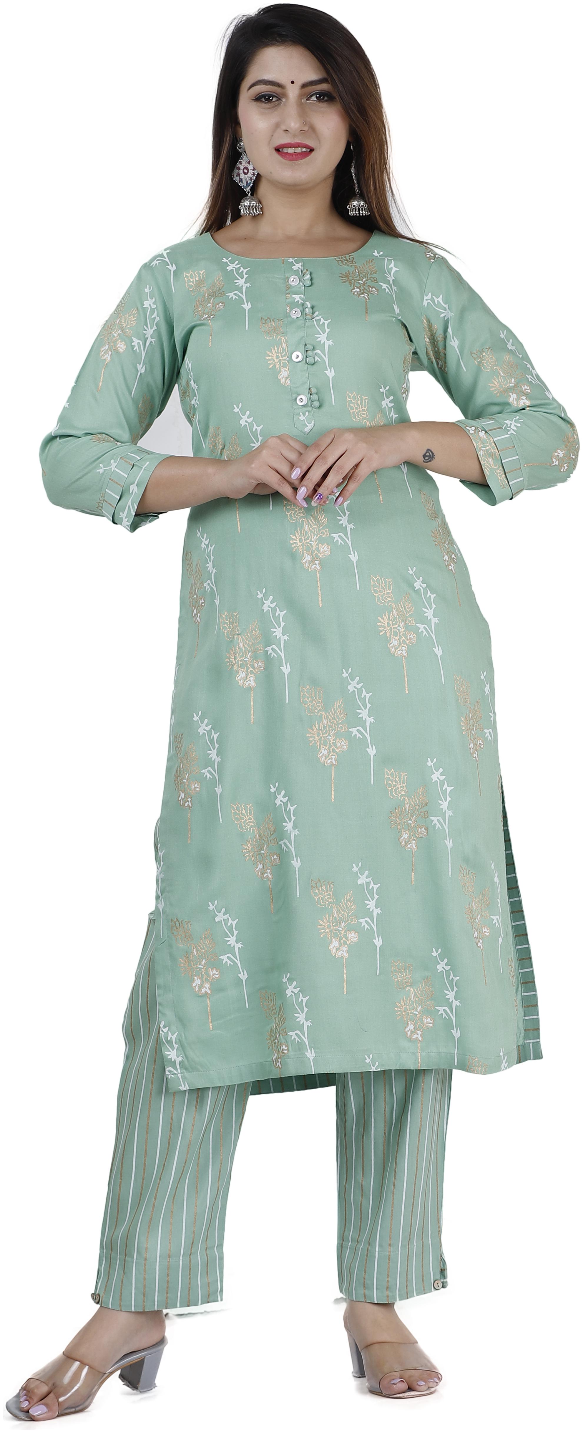 

HIGHLIGHT FASHION EXPORT Women Green Printed Straight Kurta With Pants