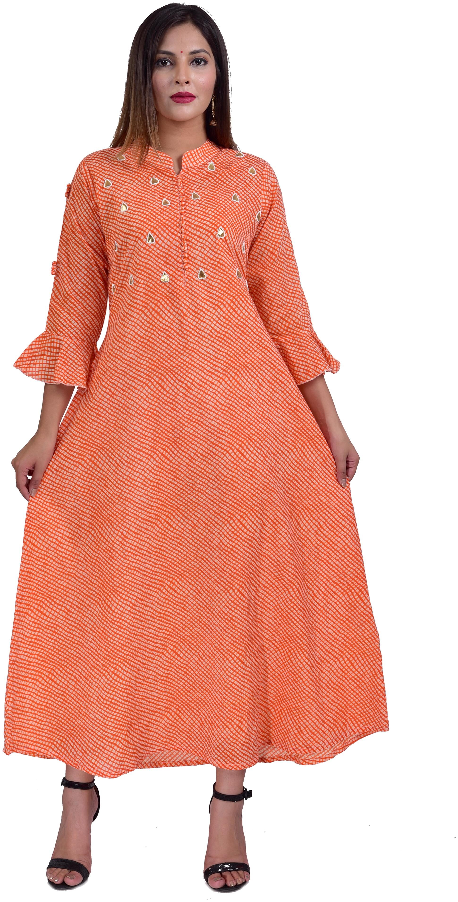 

HIGHLIGHT FASHION EXPORT Women Orange Checkered Anarkali Kurti