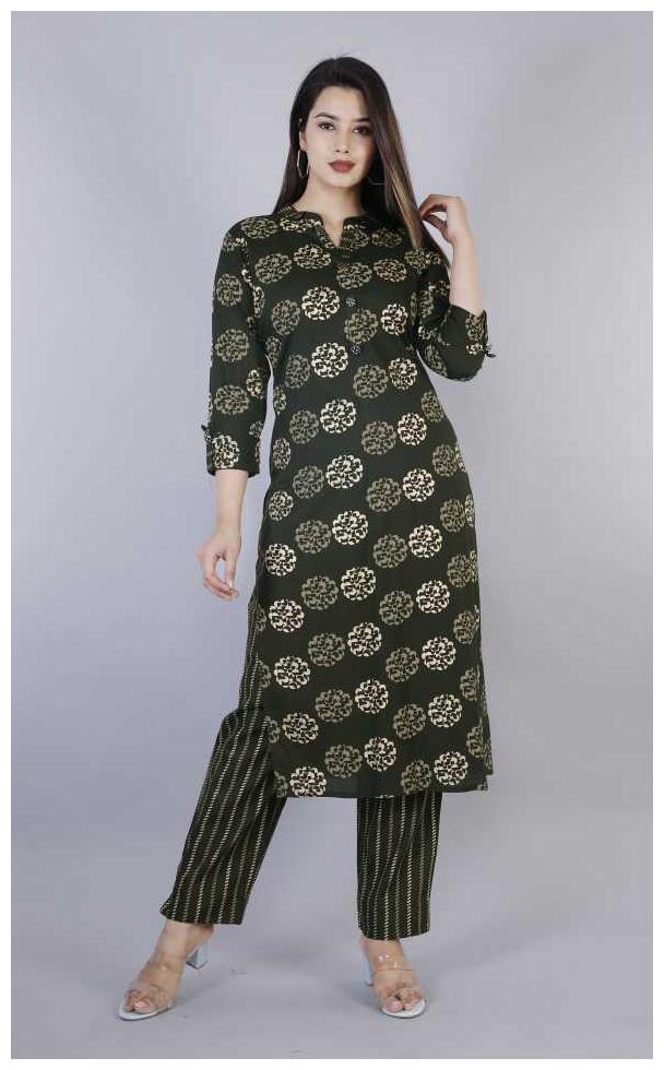 

HIGHLIGHT FASHION EXPORT Women Green Printed Straight Kurta With Pants