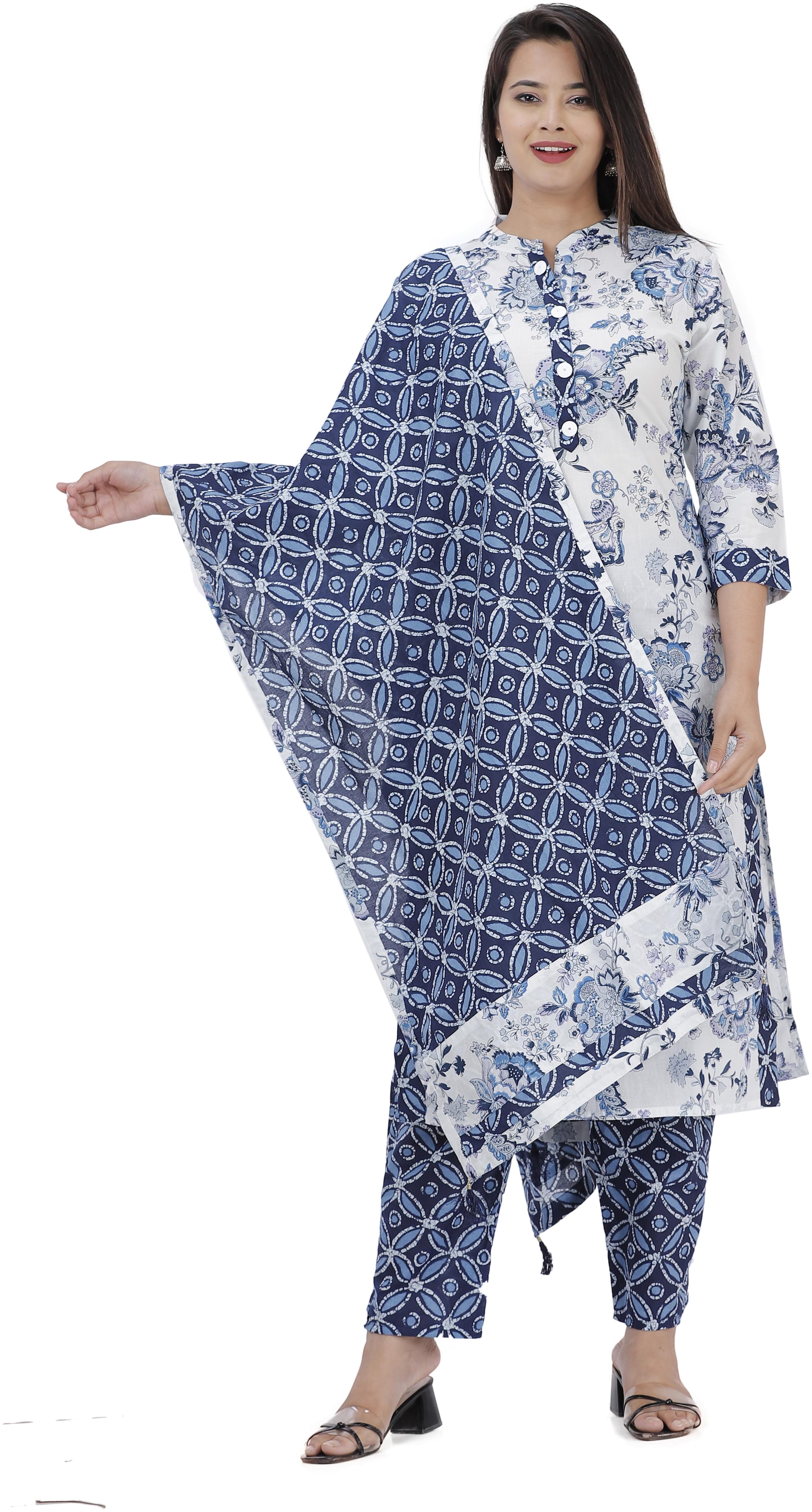 

HIGHLIGHT FASHION EXPORT Women Blue Floral Straight Kurta With Pants And Dupatta