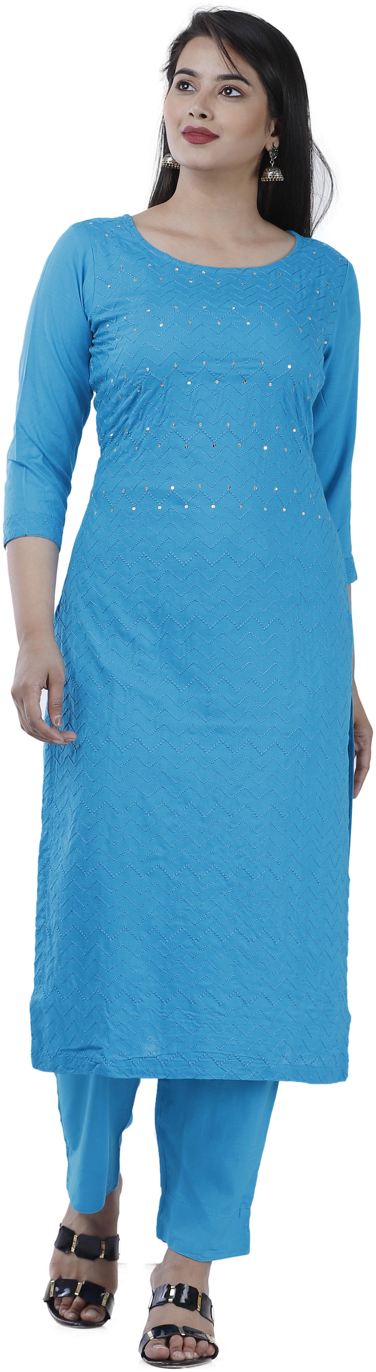 

HIGHLIGHT FASHION EXPORT Viscose Rayon Blue Embroidered Kurta Pants For Women