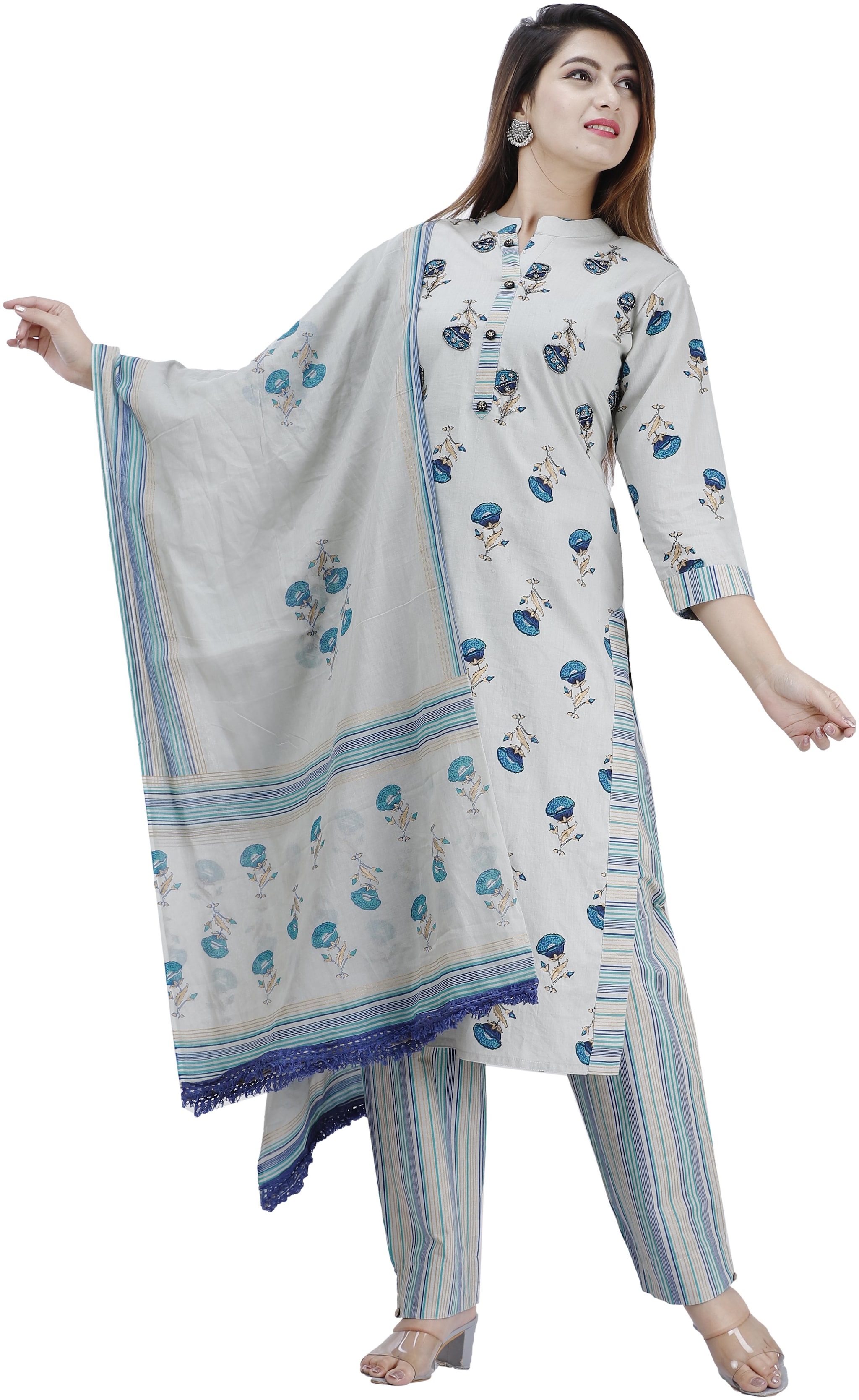

HIGHLIGHT FASHION EXPORT Women Blue Floral Straight Kurta With Pants And Dupatta