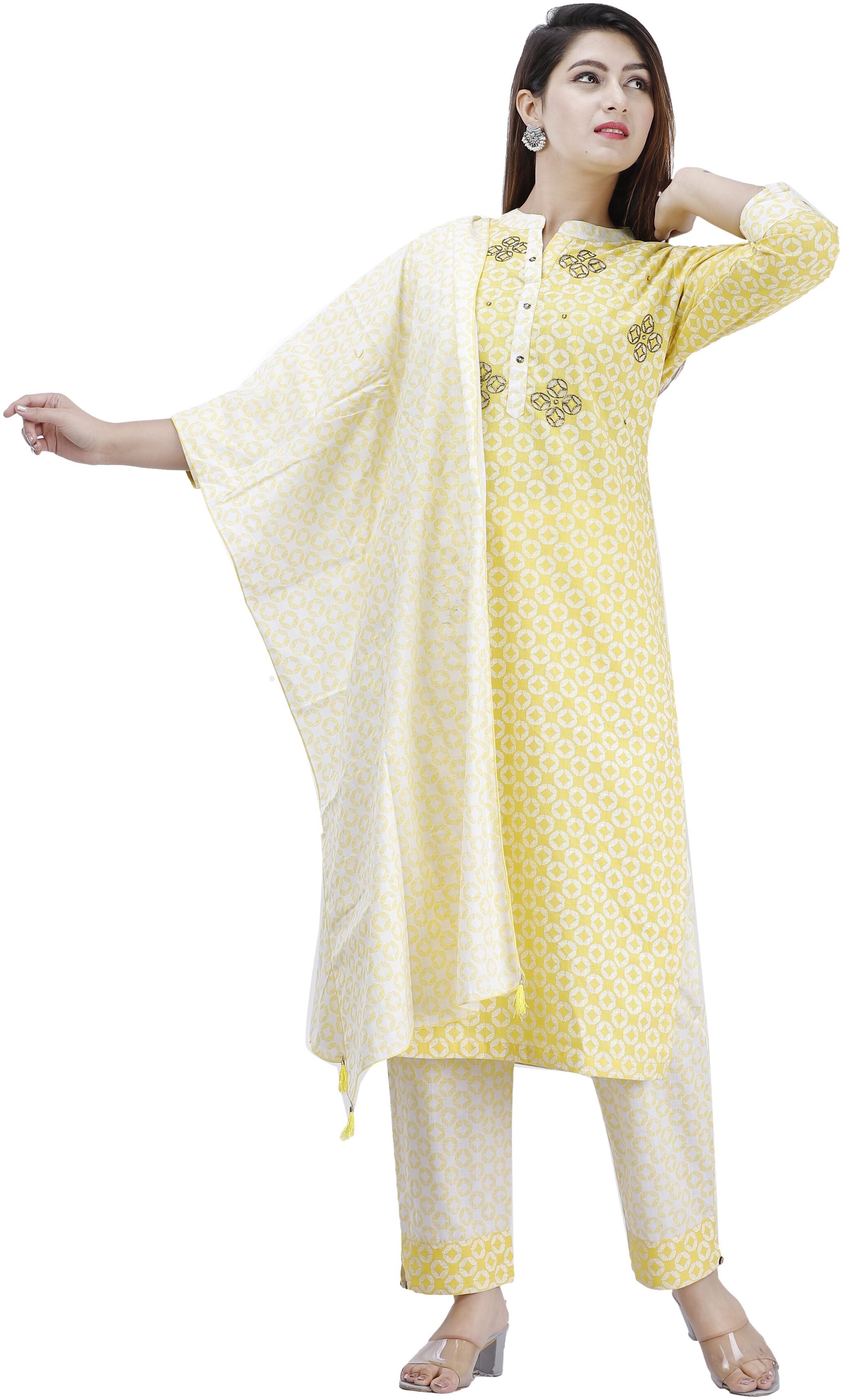 

Highlight Fashion Export Women Yellow Cotton Embroidered Kurta and Pant