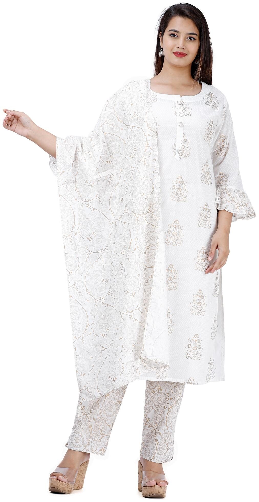 

HIGHLIGHT FASHION EXPORT Women White Printed Straight Kurta With Pants And Dupatta