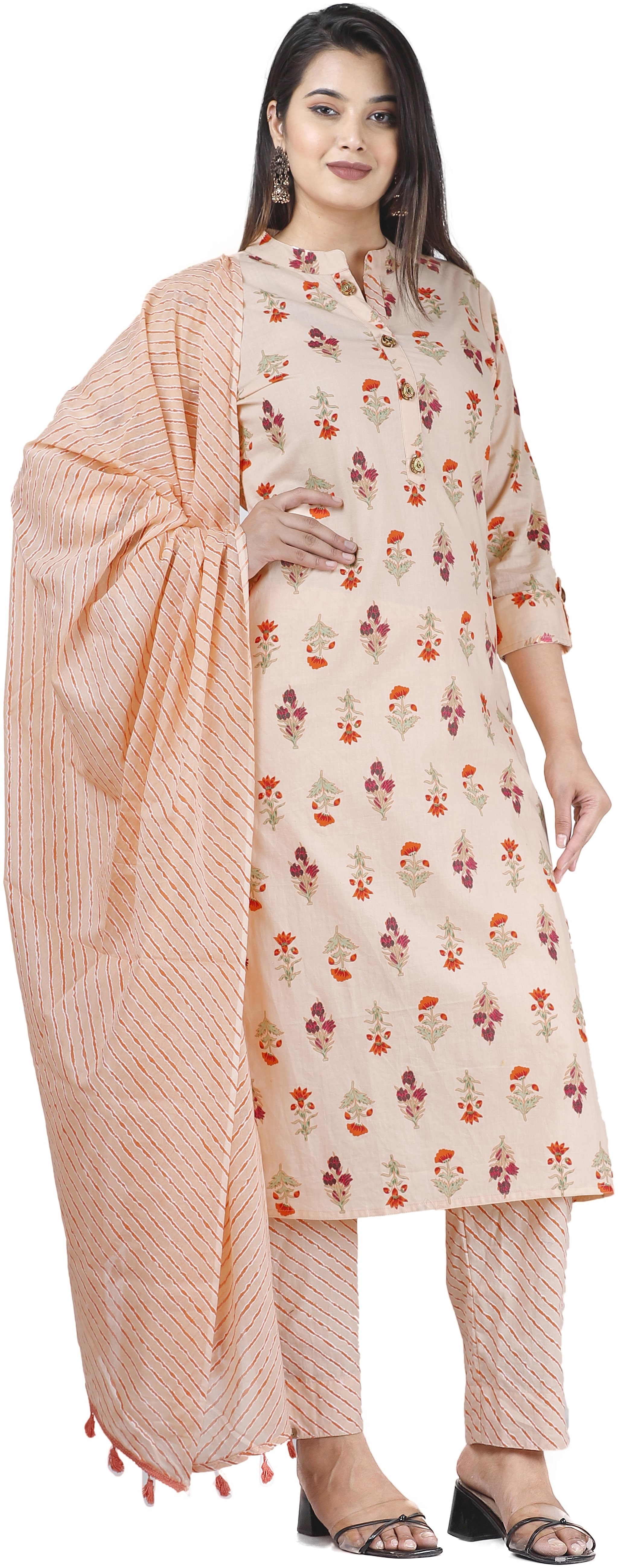 

HIGHLIGHT FASHION EXPORT Women Orange Floral Straight Kurta With Pants And Dupatta