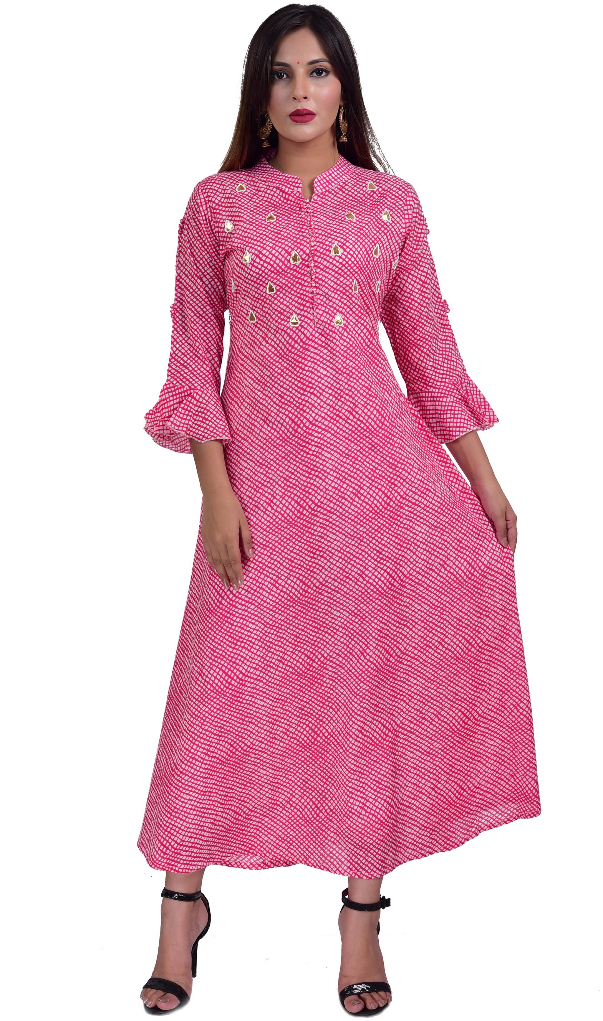 

HIGHLIGHT FASHION EXPORT Women Pink Checkered Anarkali Kurti