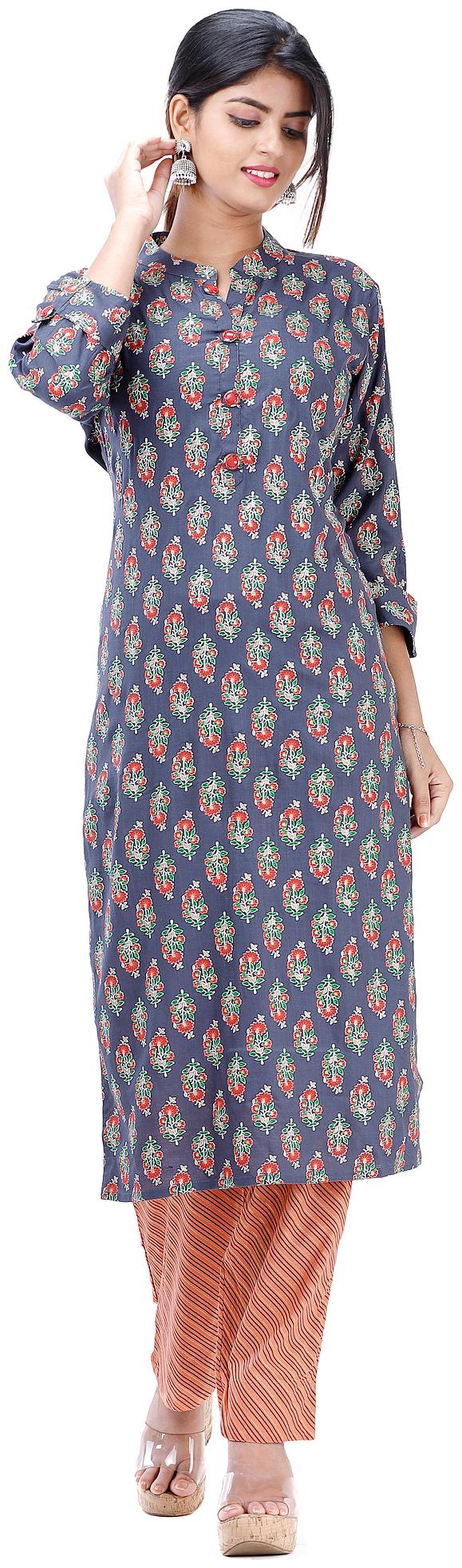 

HIGHLIGHT FASHION EXPORT Women Blue Floral Straight Kurta With Pants