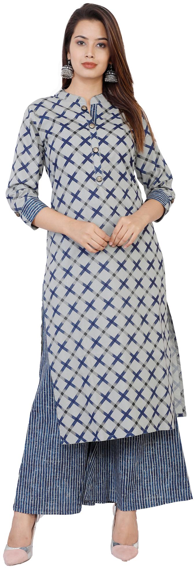 

Highlight Fashion Export Women Grey Cotton Checkered Kurta and Palazzo Set