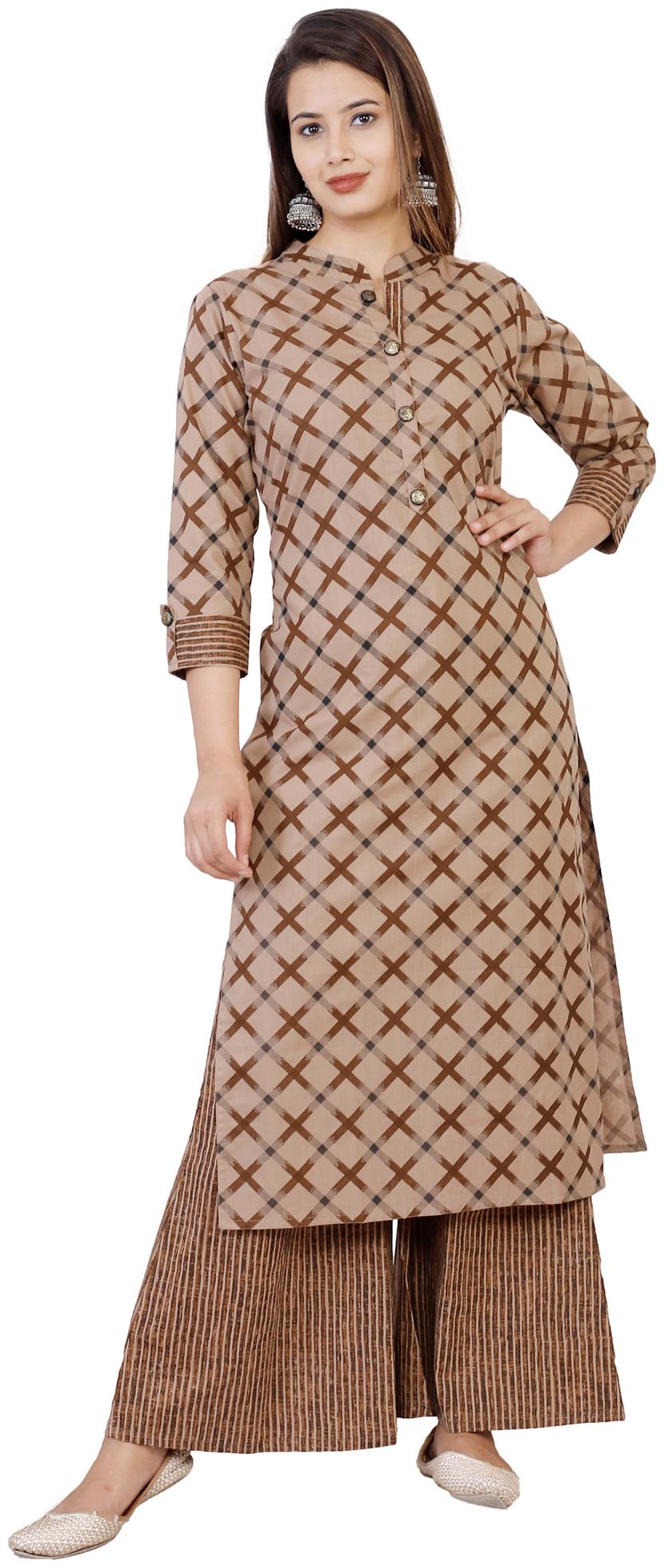 

Highlight Fashion Export Cotton Checkered Brown Stitched Suit For Women