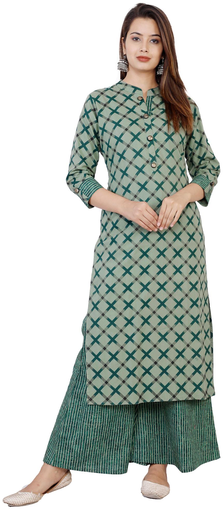 

Highlight Fashion Export Cotton Checkered Green Stitched Suit For Women
