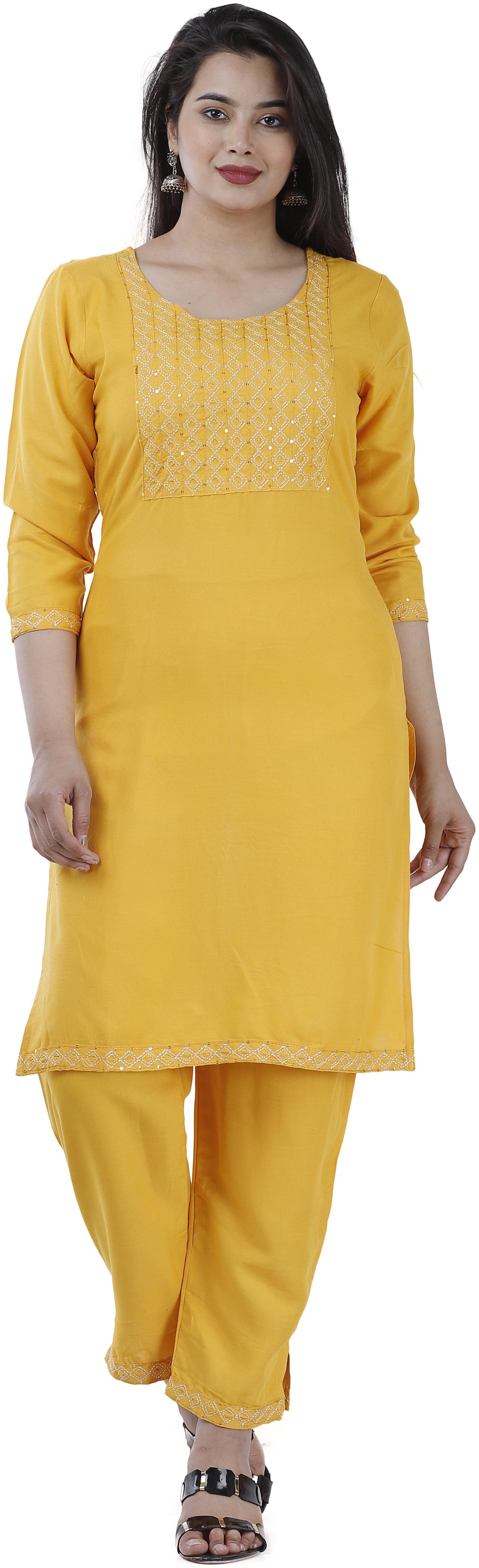 

HIGHLIGHT FASHION EXPORT Viscose Rayon Mustard Embroidered Kurta Pants For Women