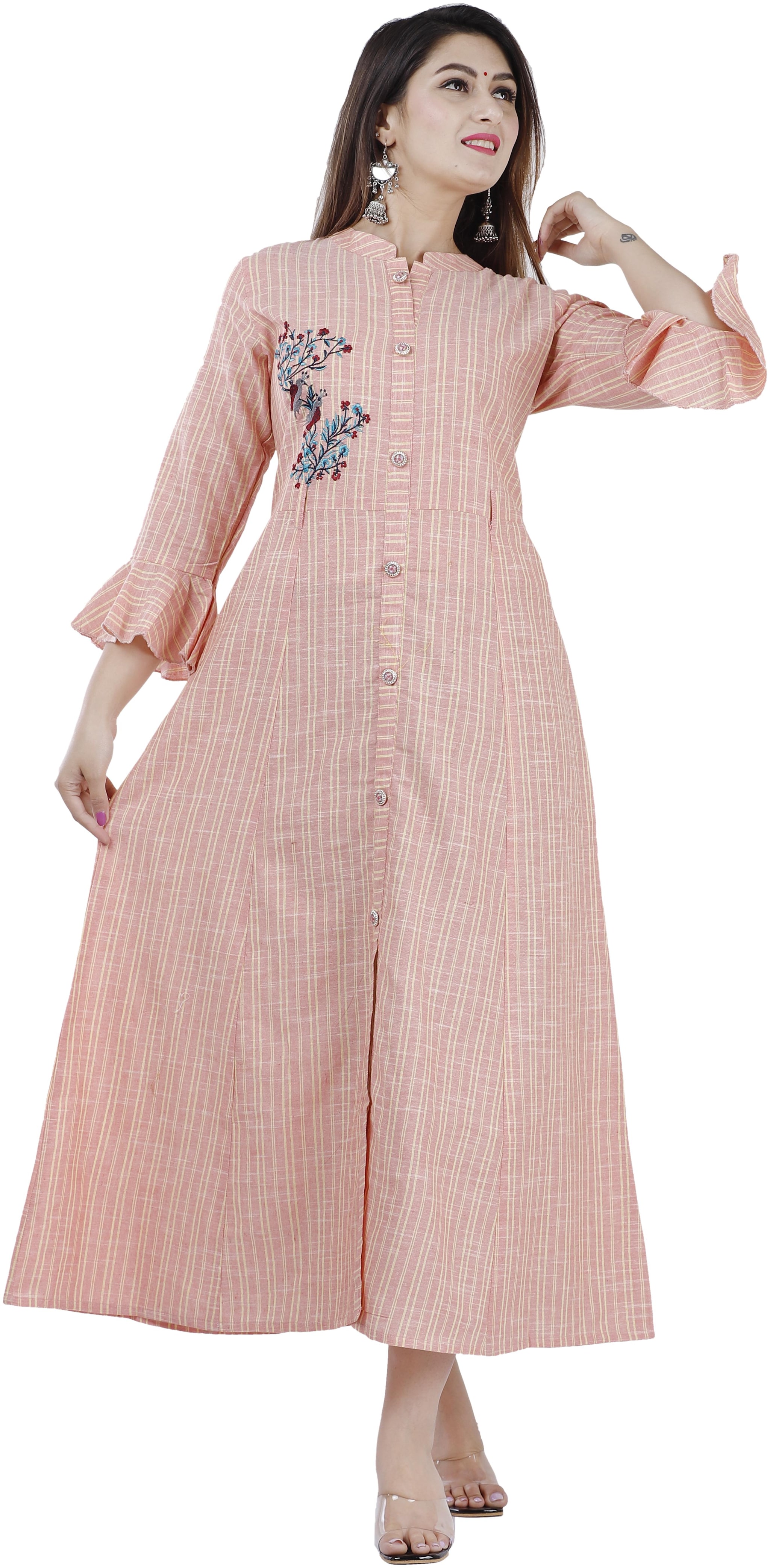 

HIGHLIGHT FASHION EXPORT Women Cotton Blend Embroidered Peach A Line Dress