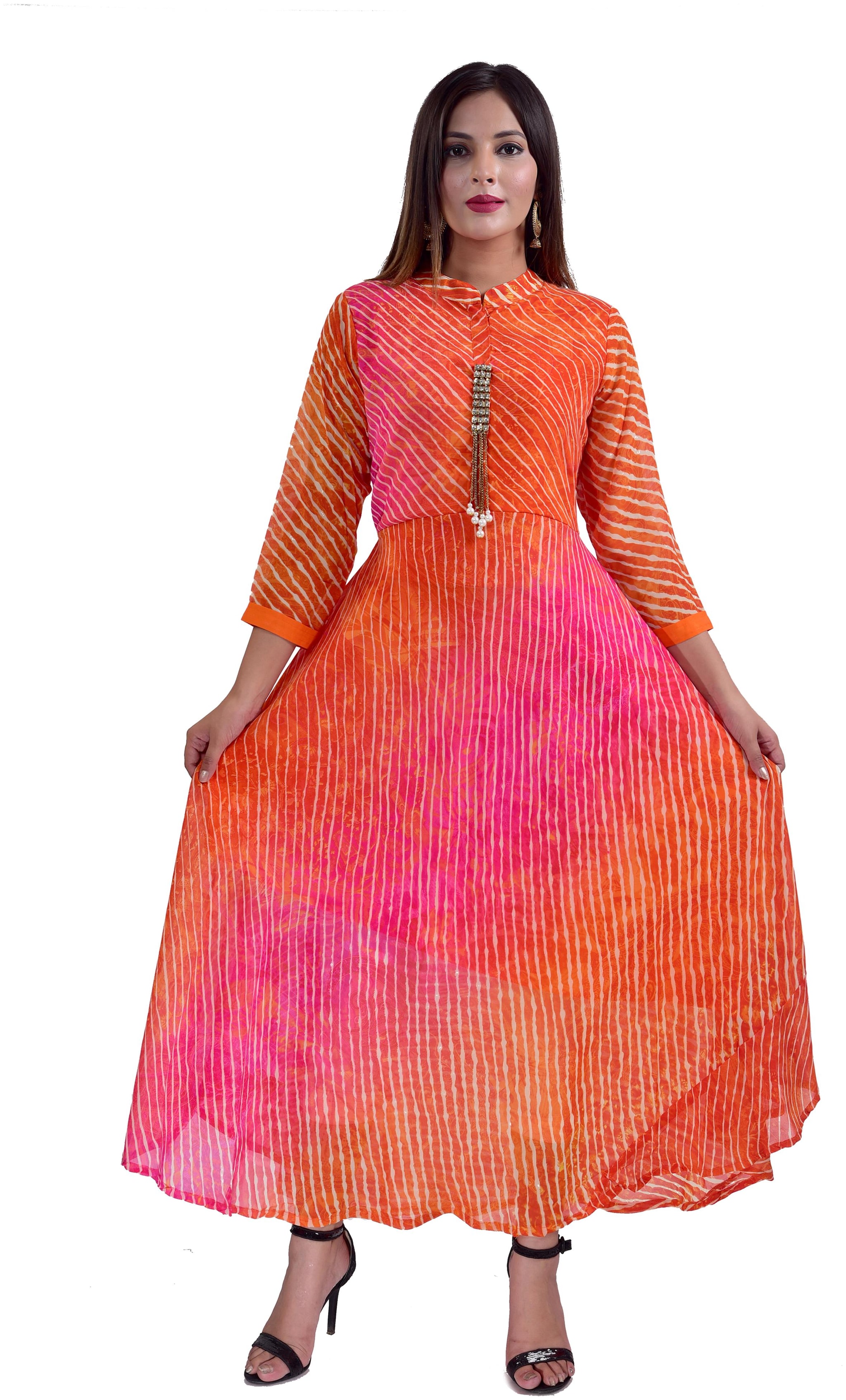 

HIGHLIGHT FASHION EXPORT Women Orange Striped Anarkali Kurti