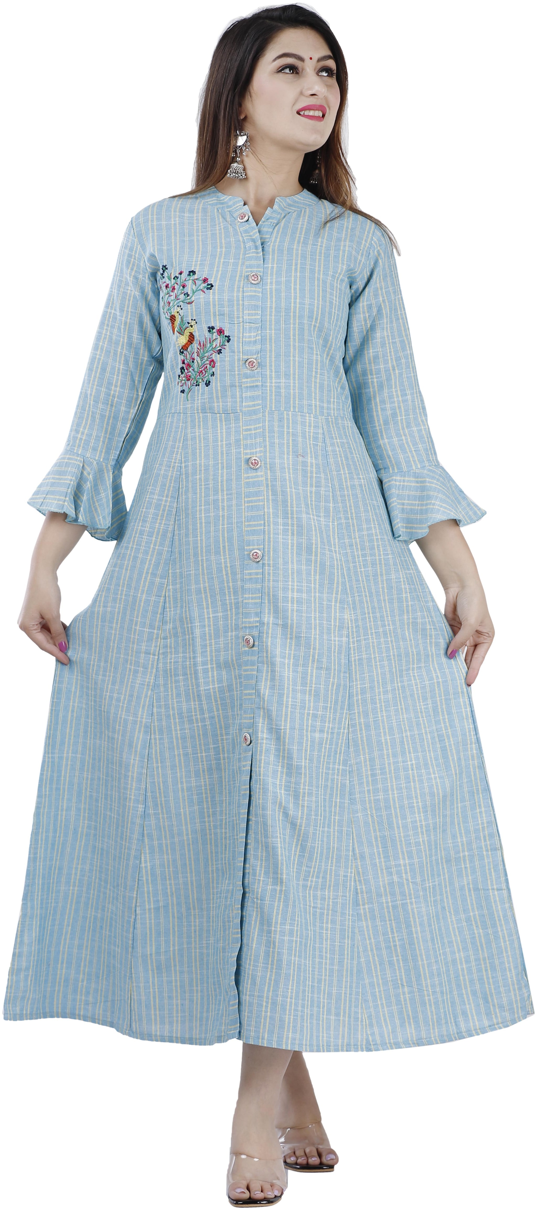 

HIGHLIGHT FASHION EXPORT Women Cotton Blend Embroidered Blue A Line Dress
