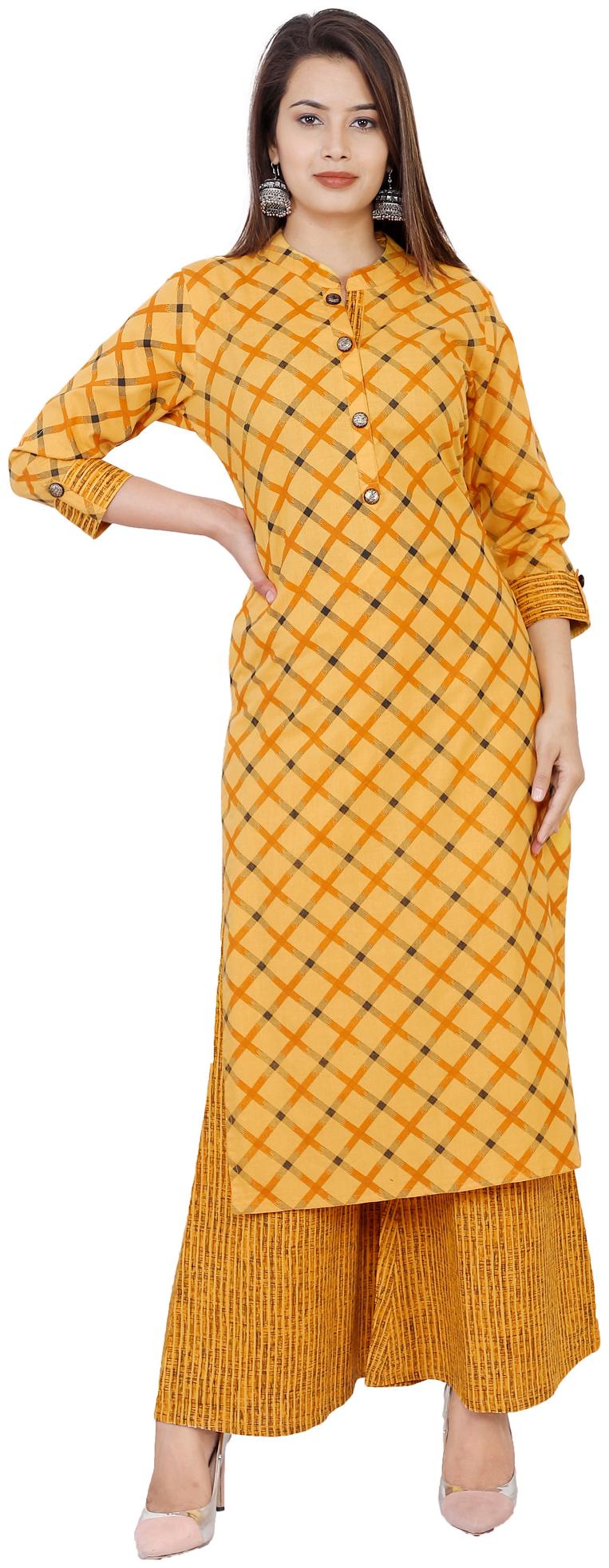 

Highlight Fashion Export Cotton Checkered Yellow Stitched Suit For Women