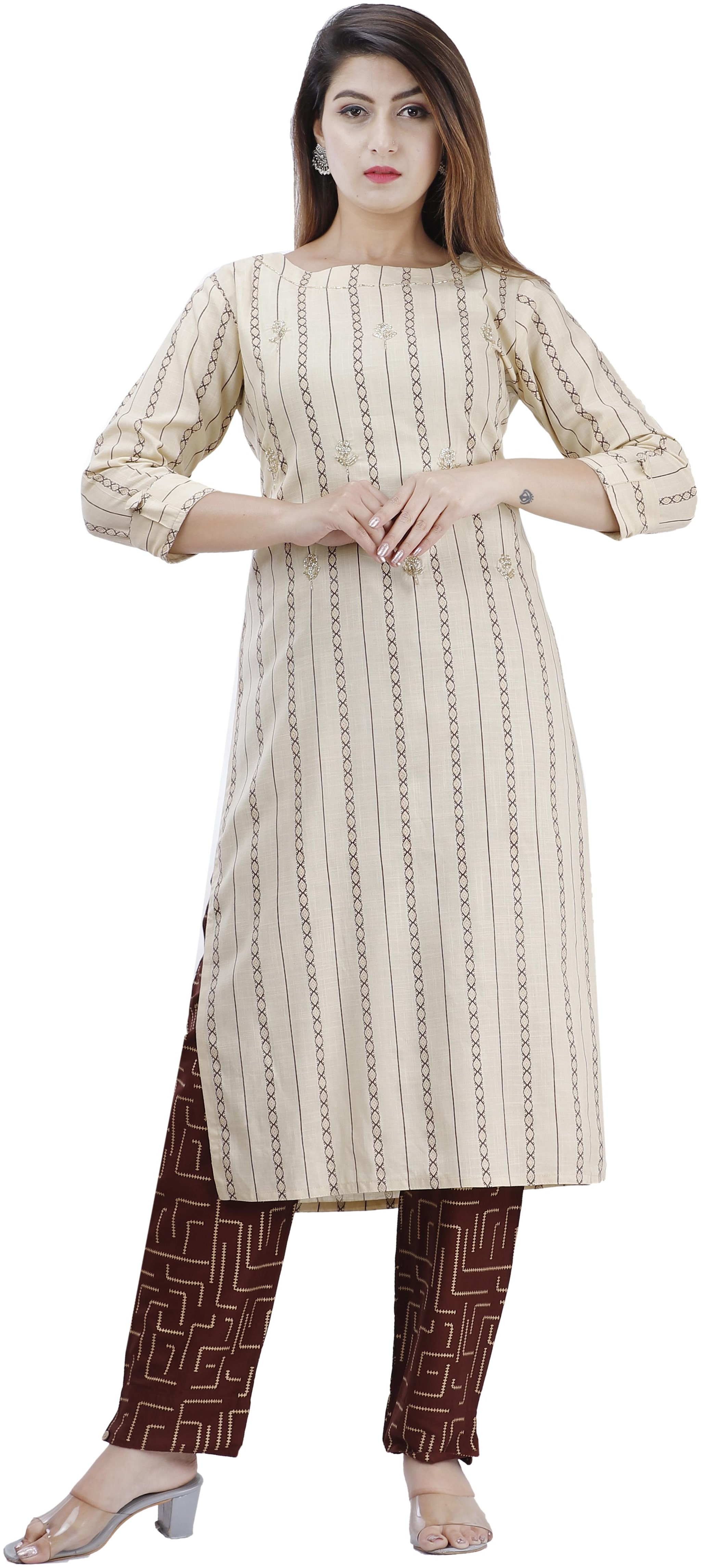 

Highlight Fashion Export Women Beige Viscose Rayon Embroidered Kurta and Pant
